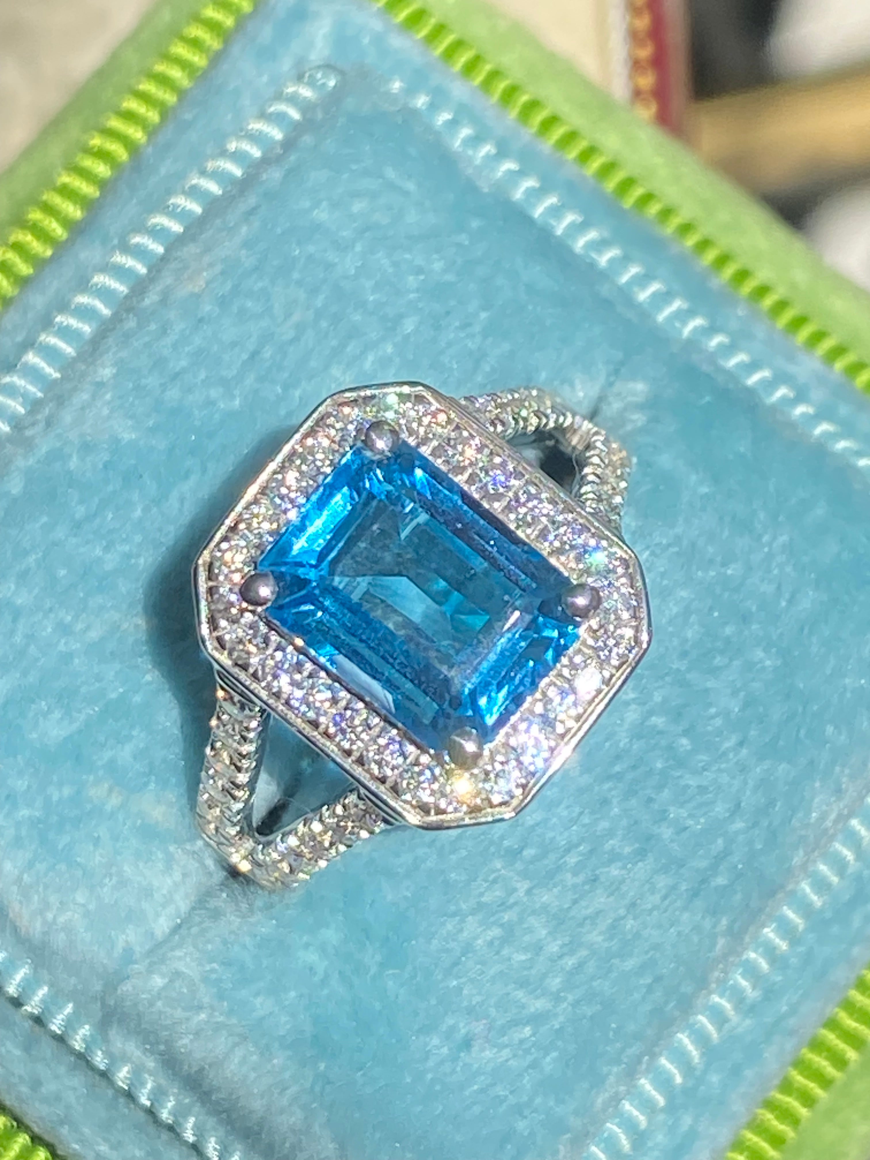 3.10 CTW Emerald Cut Moissanite and Blue Topaz Halo Ring in Sterling Silver