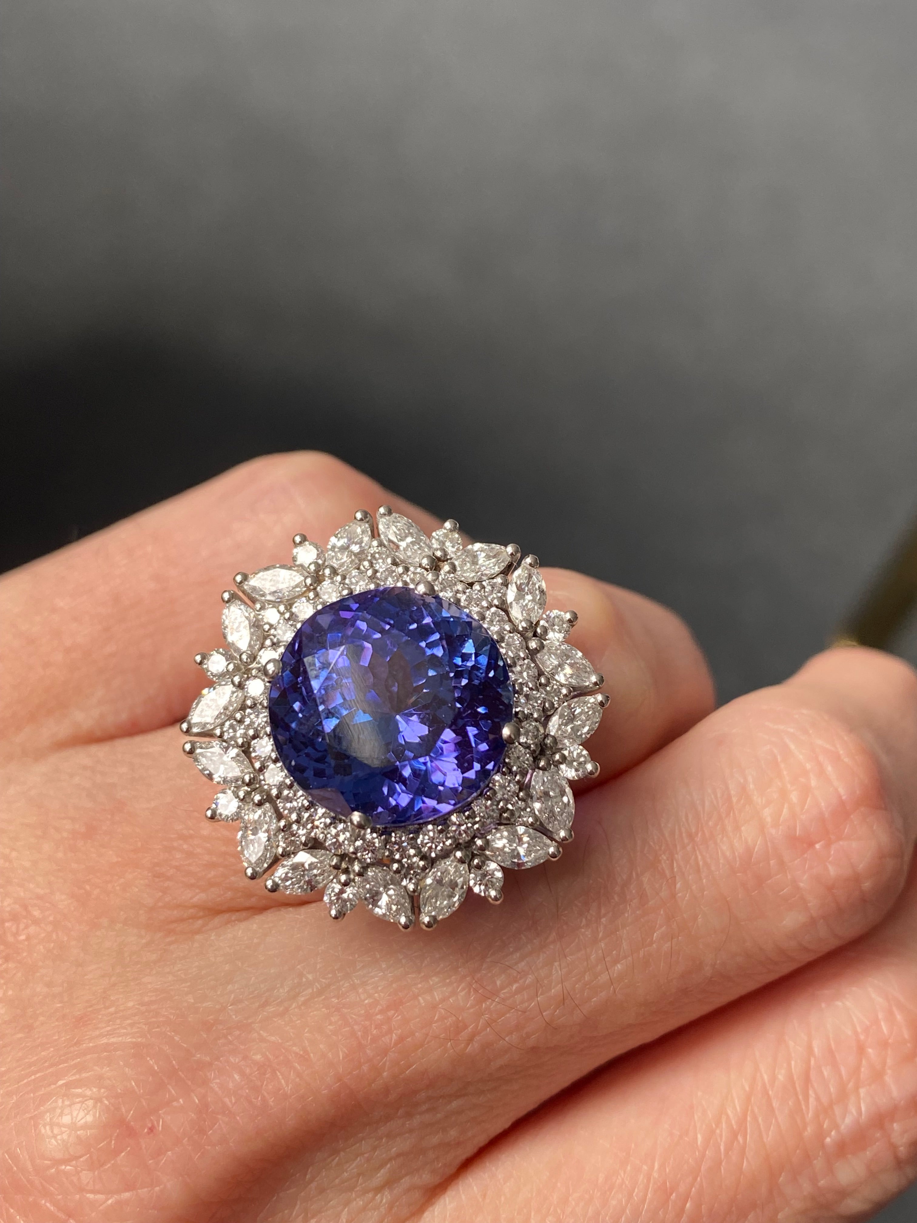15.96 Carat Round Cut Tanzanite and 2.88ctw Natural Diamond Cocktail Ring in Platinum