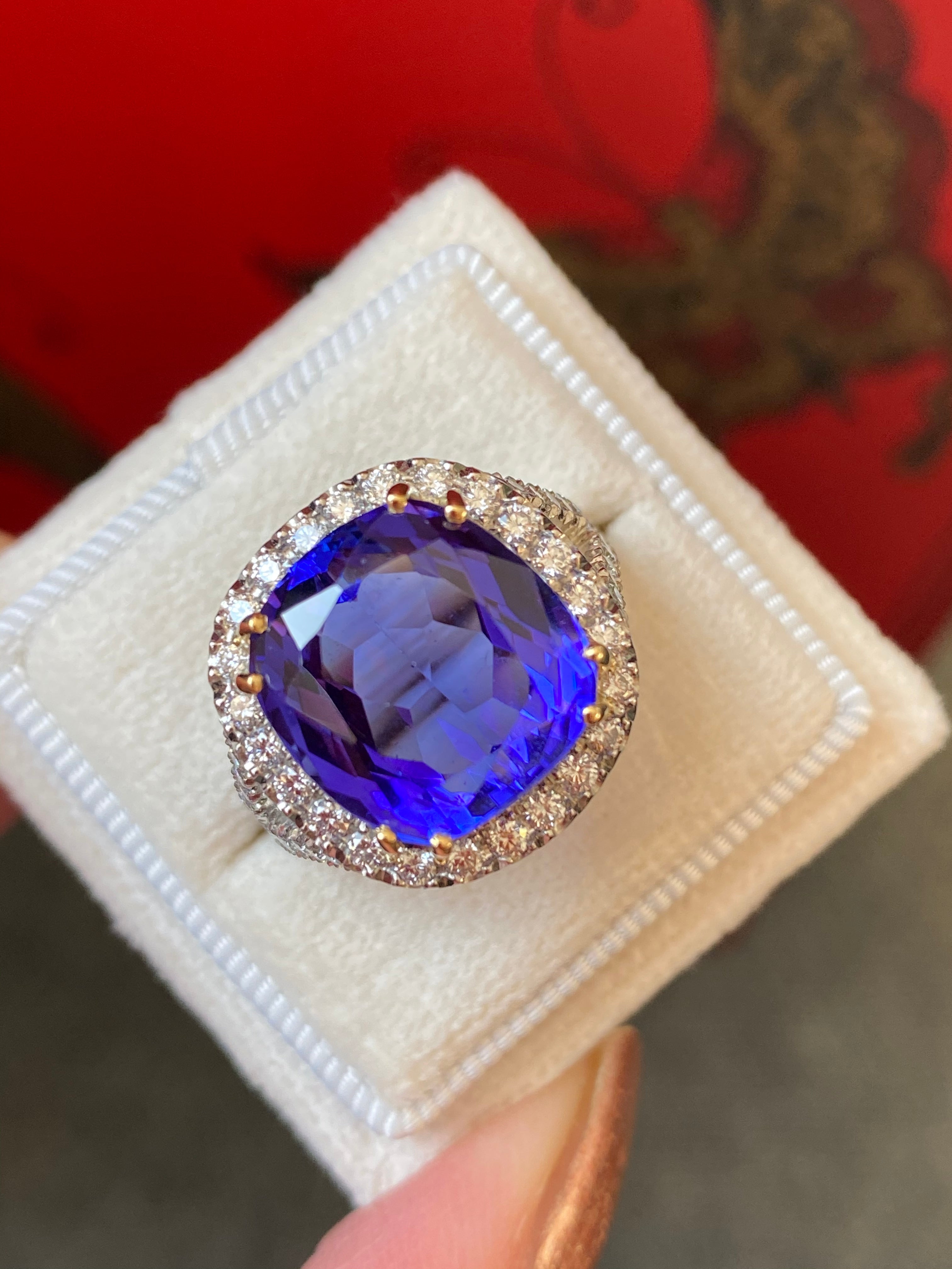 12.00 Carat Cushion-Cut Tanzanite and Diamond Ring in Platinum