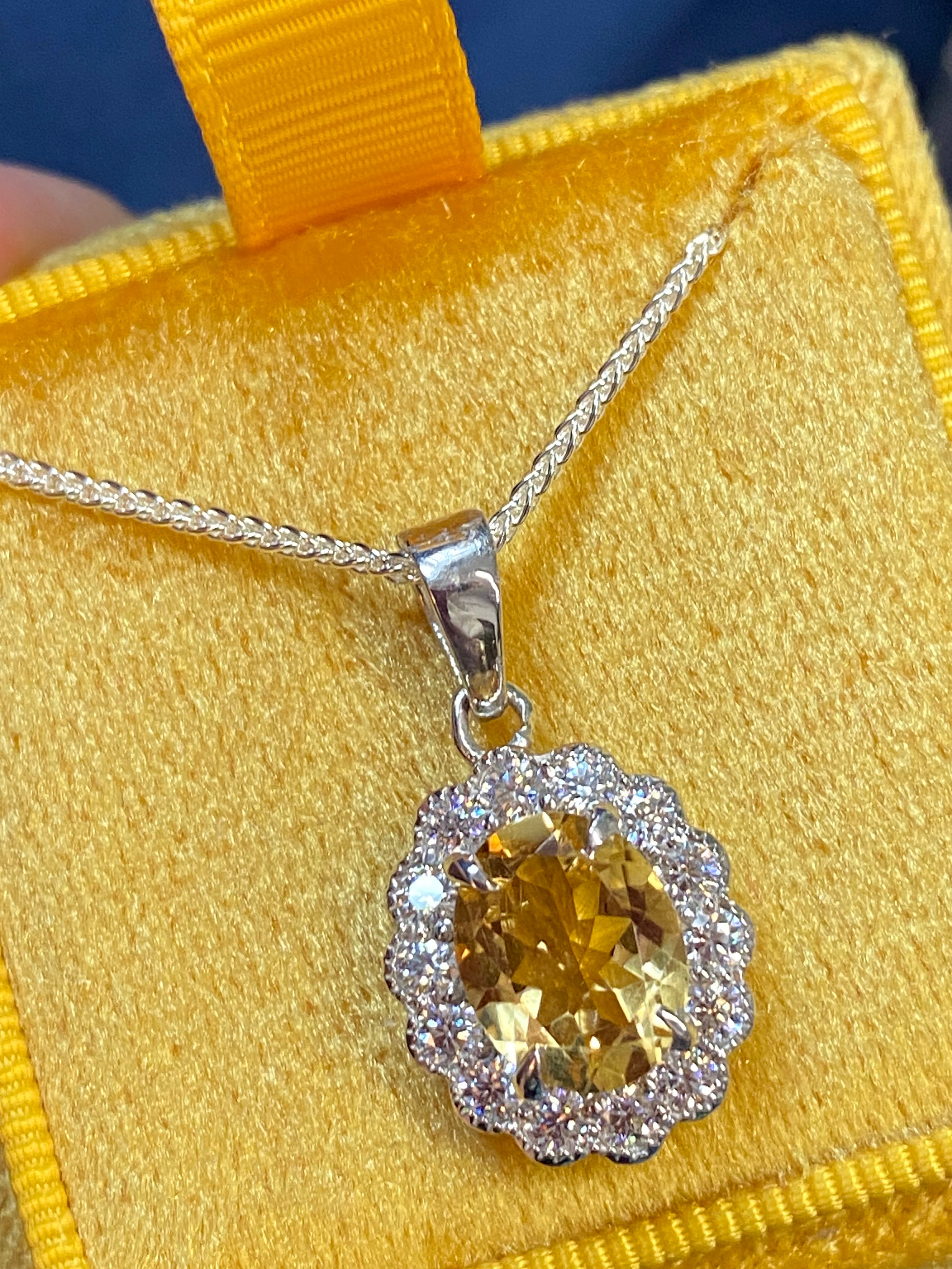 5.00 CTW Citrine and Moissanite Halo Pendant Necklace in Sterling Silver