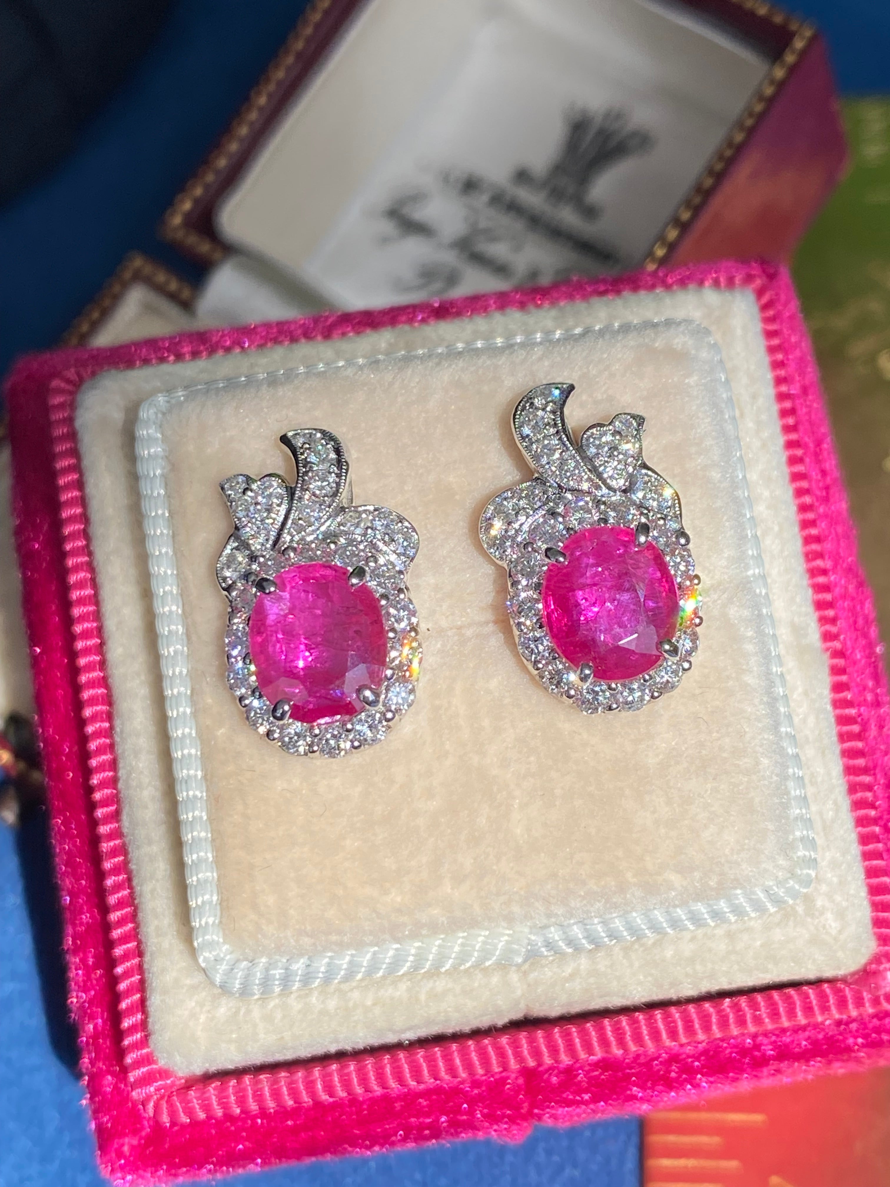 3.98 CTW Vintage Burmese Ruby Stud Earrings in 18ct White Gold