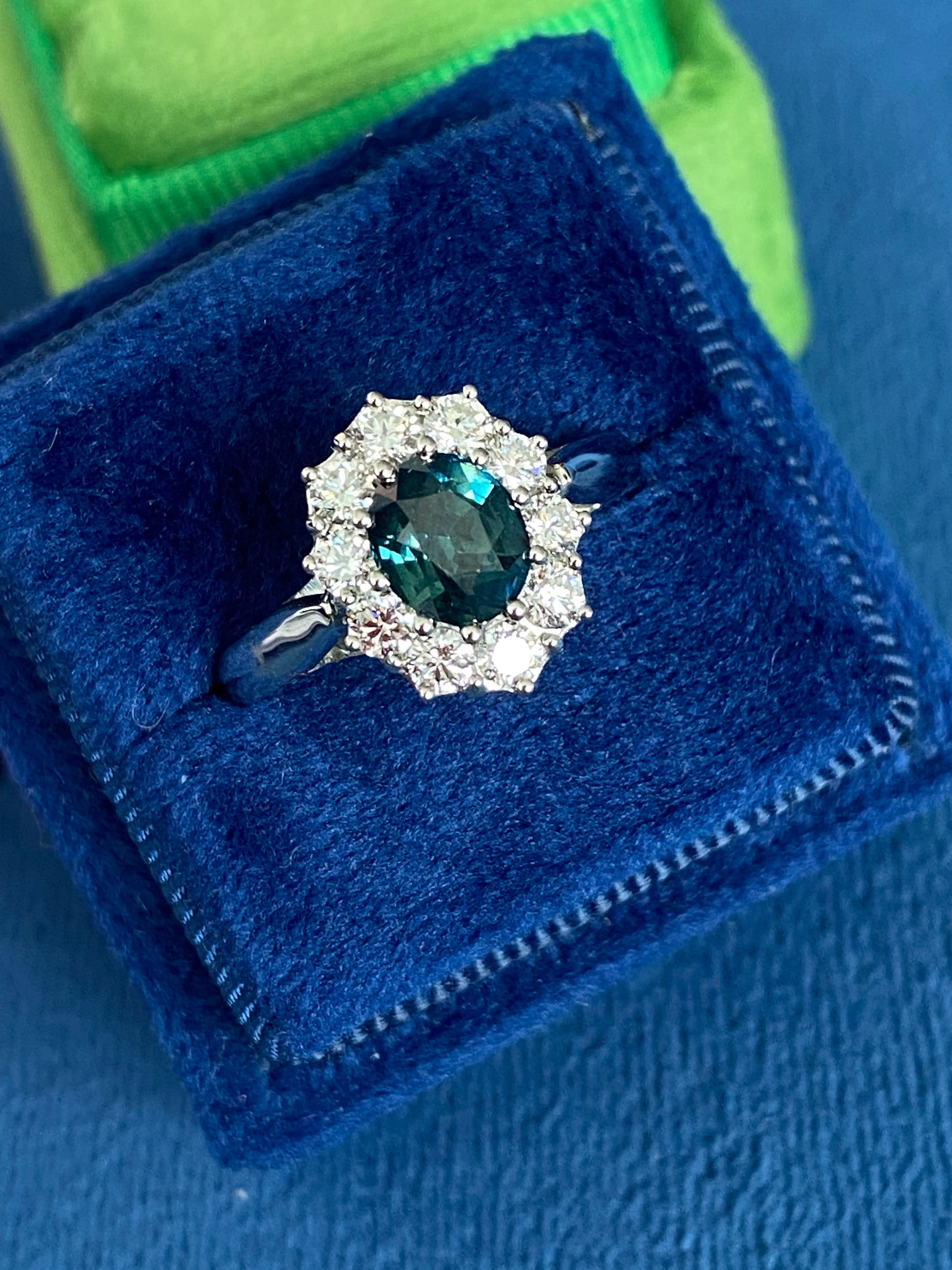 2.18 CTW Oval Cut Teal Sapphire and Natural Diamond Halo Ring in Platinum