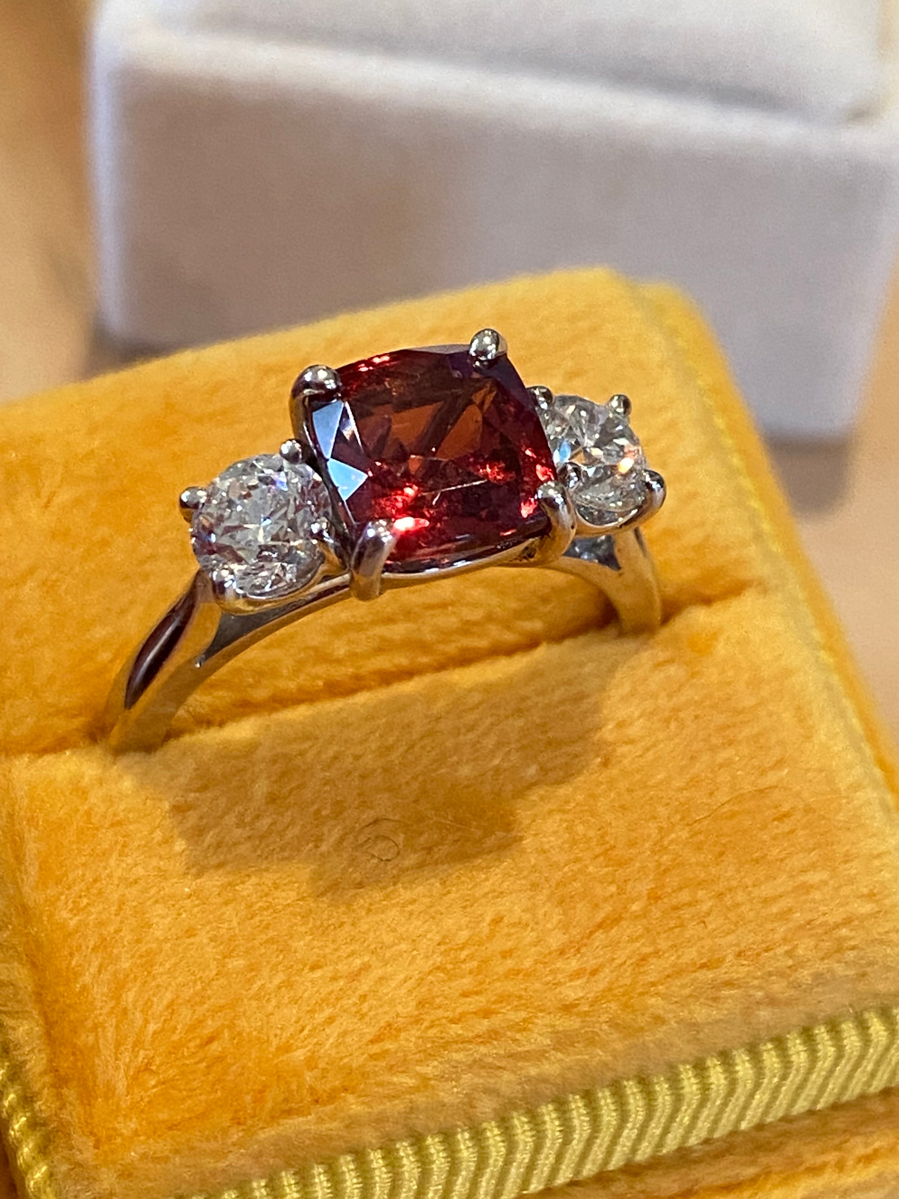 3.28 CTW Rhodolite Garnet and Natural Diamond Three Stone Ring in Platinum