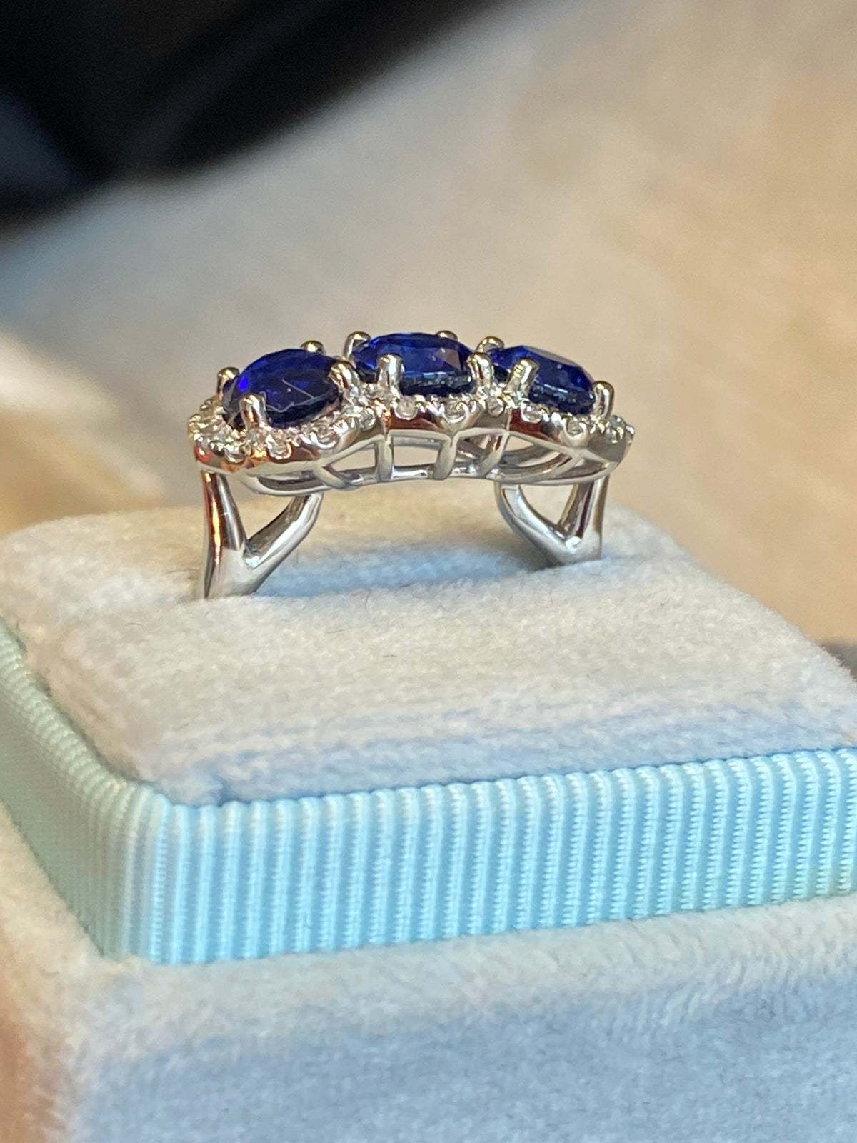 2.74 CTW Round Cut Blue Sapphire and Diamond Trilogy Ring in Platinum