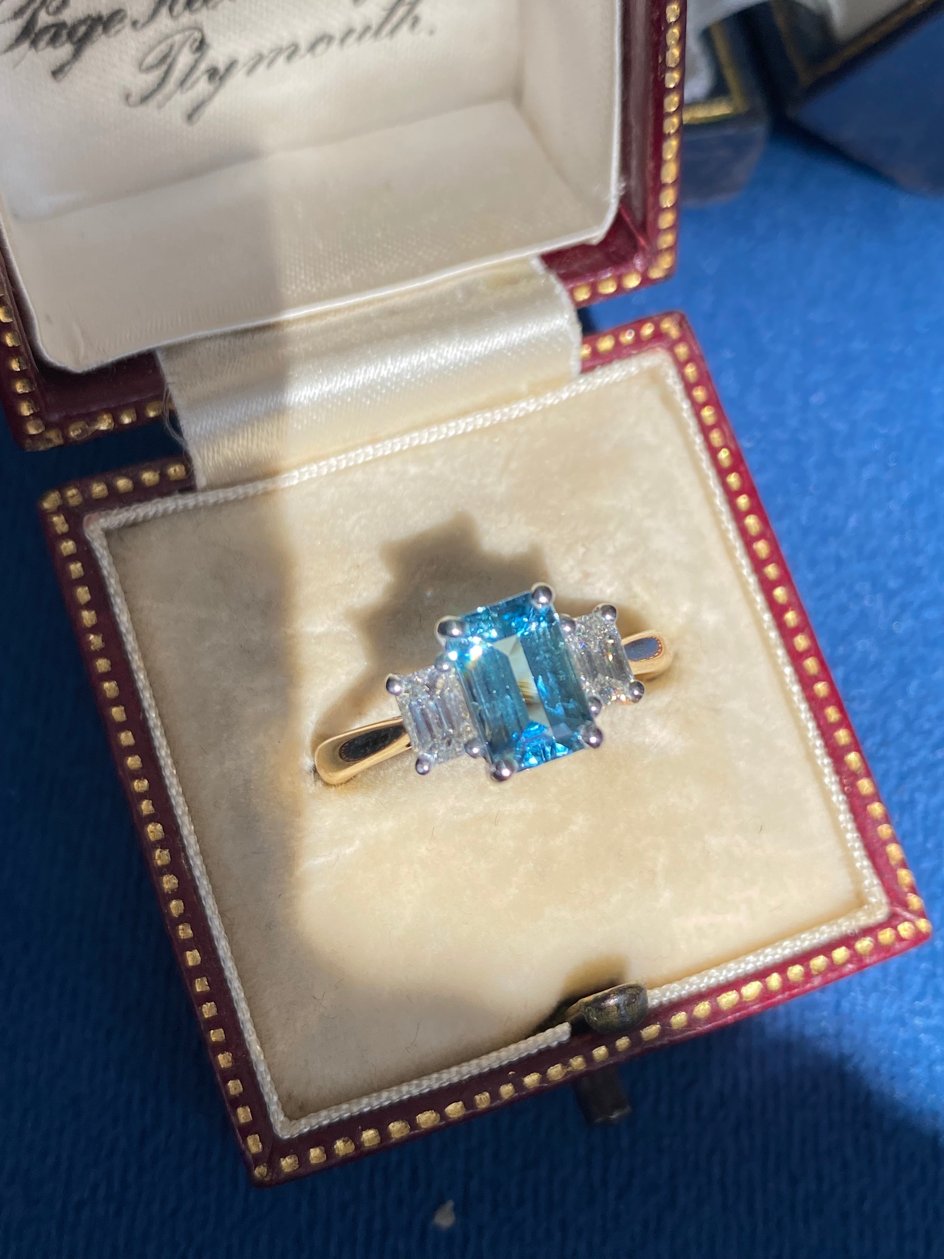 1.73 CTW Aquamarine and Natural Diamond Three Stone Ring in Platinum and 18ct Yellow Gold