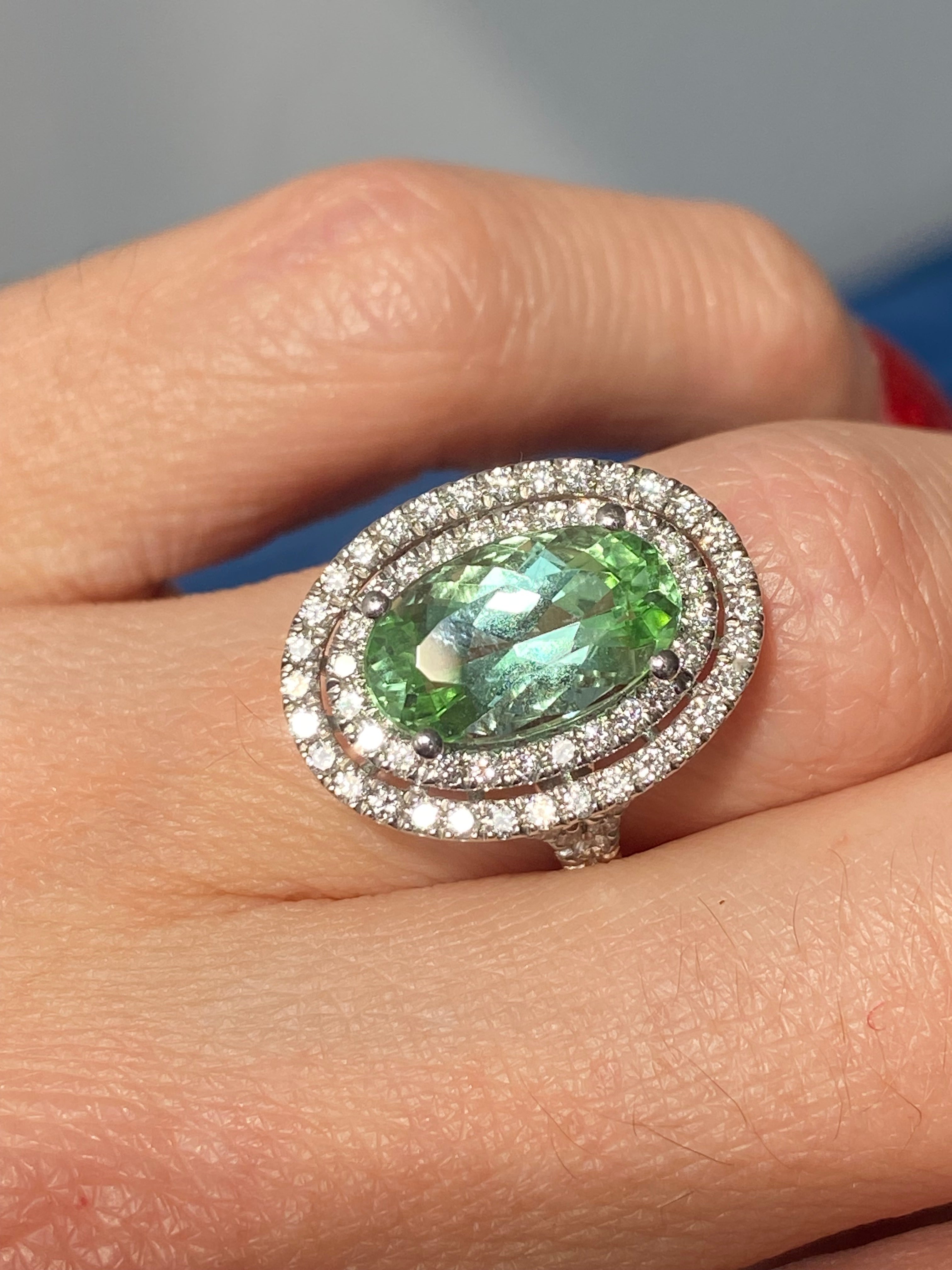 4.77 CTW Magical Mint Tourmaline and Natural Diamond Double Halo Ring in Platinum