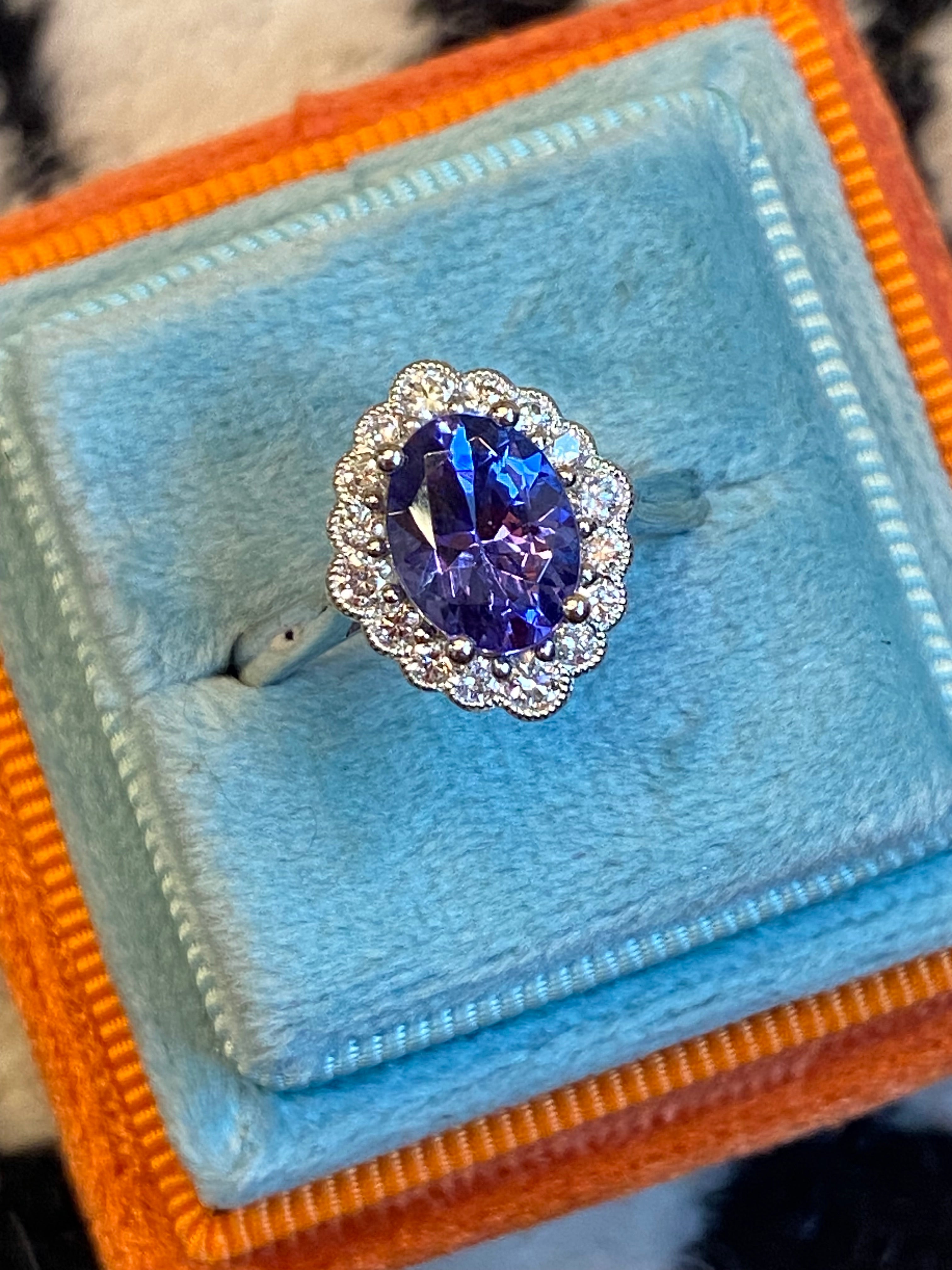 1.99 CTW Tanzanite and Natural Diamond Halo Ring in Platinum