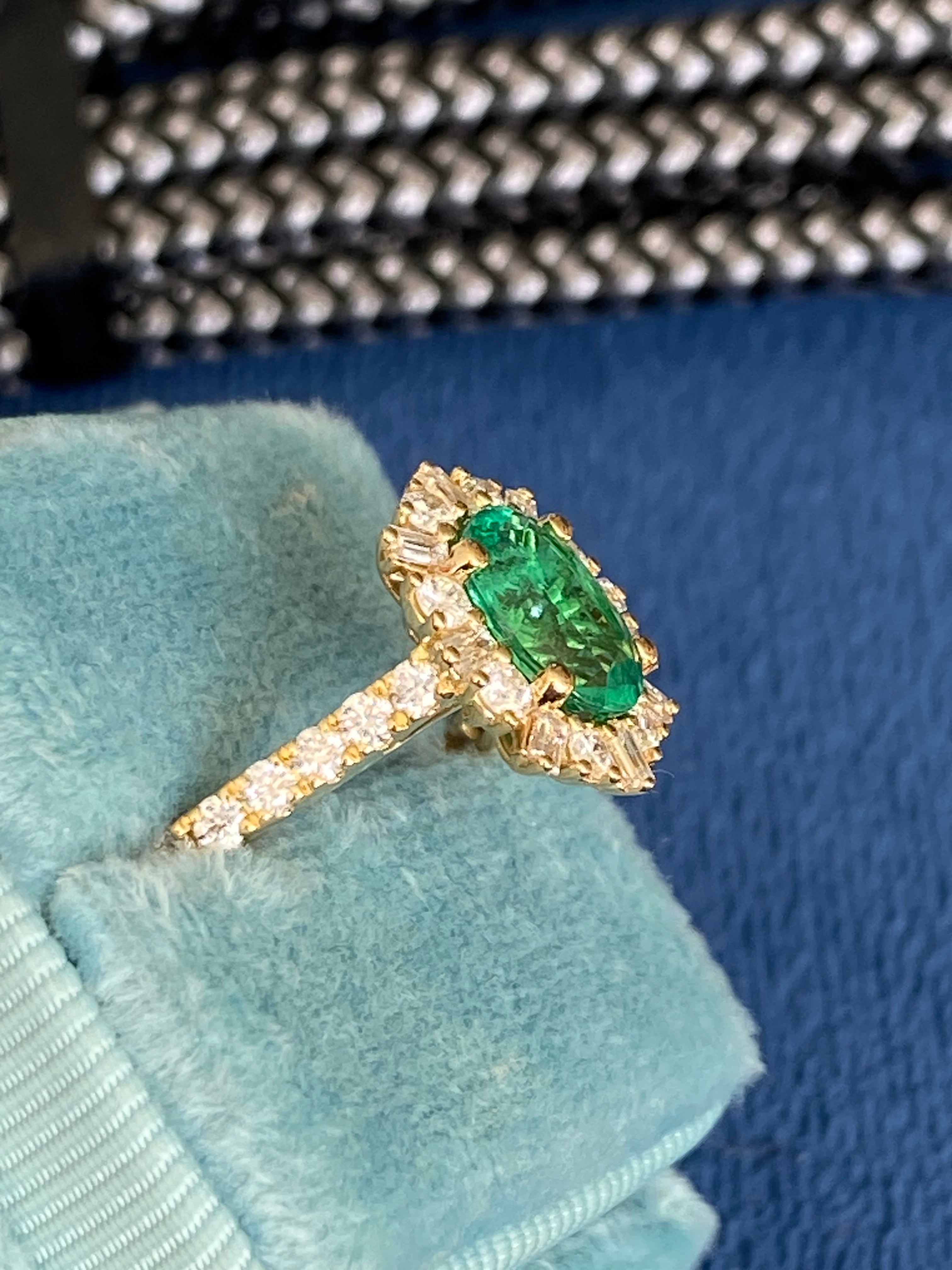 1.76 CTW Oval Cut Emerald and Natural Diamond Ring in 18ct Yellow Gold