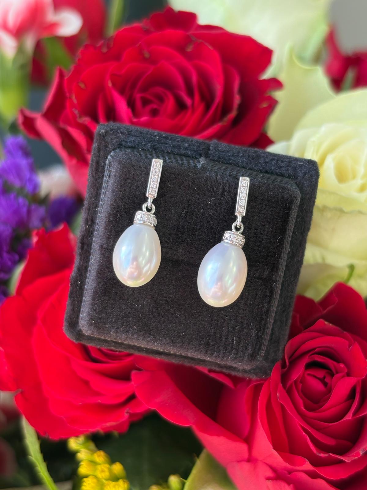 8.86 CTW Oval Pearl and Diamond Drop Earrings in 18ct White Gold