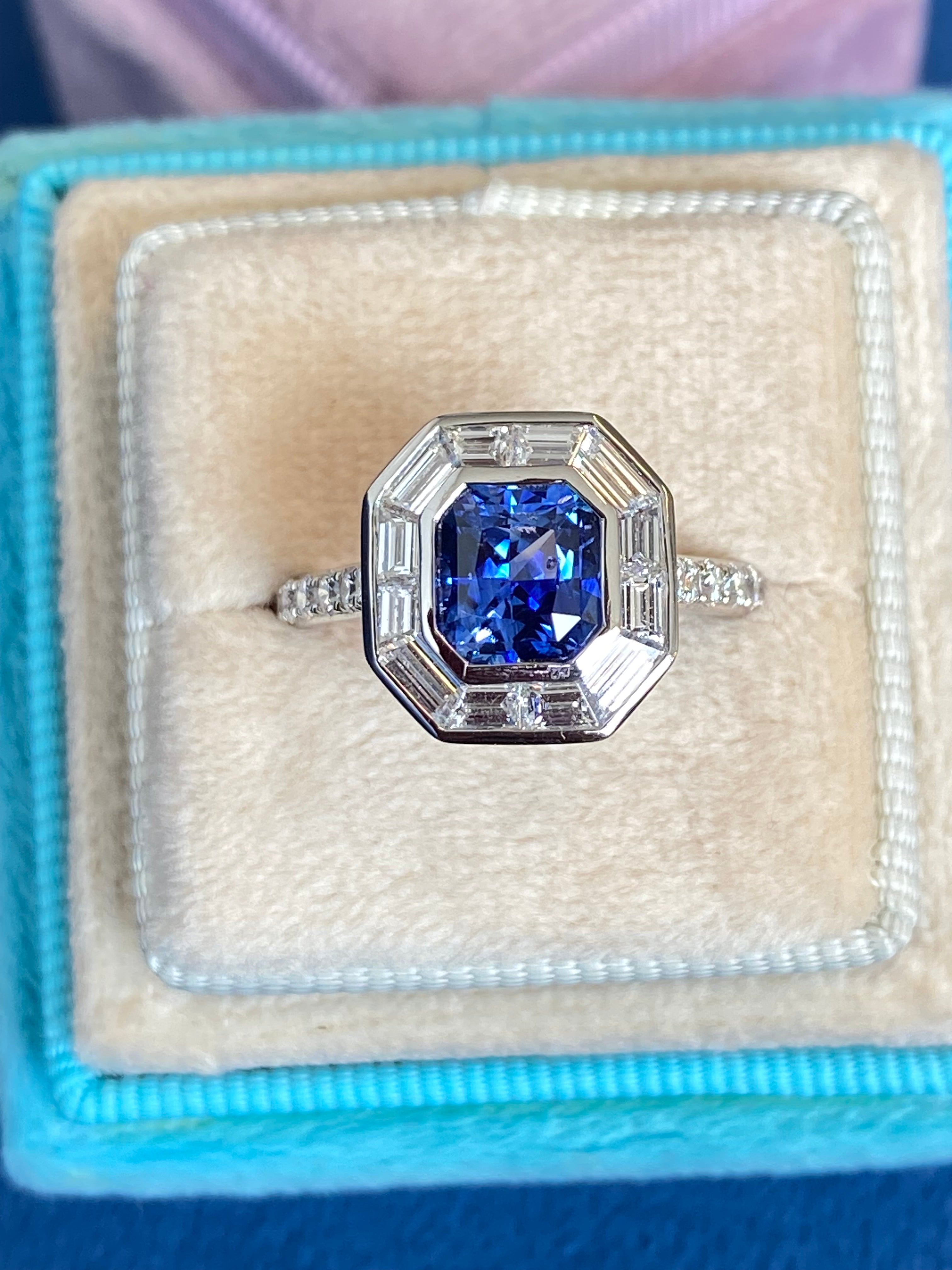 2.10 Carat Blue Ceylon Sapphire and 1.09 CTW Natural Diamond Halo Ring in Platinum
