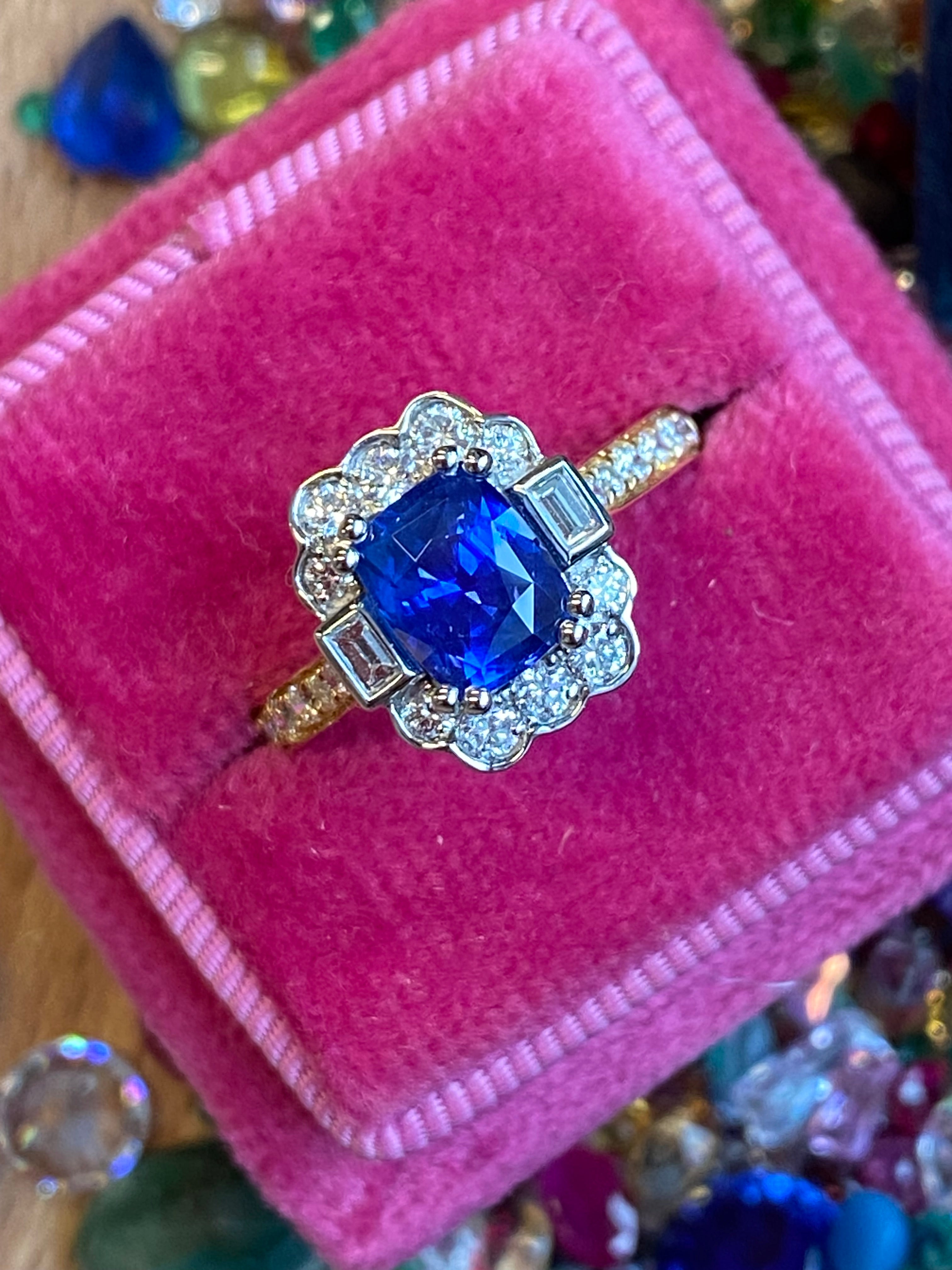 2.11 CTW Cushion Cut Ceylon Sapphire and Natural Diamond Ring in 18ct Yellow Gold