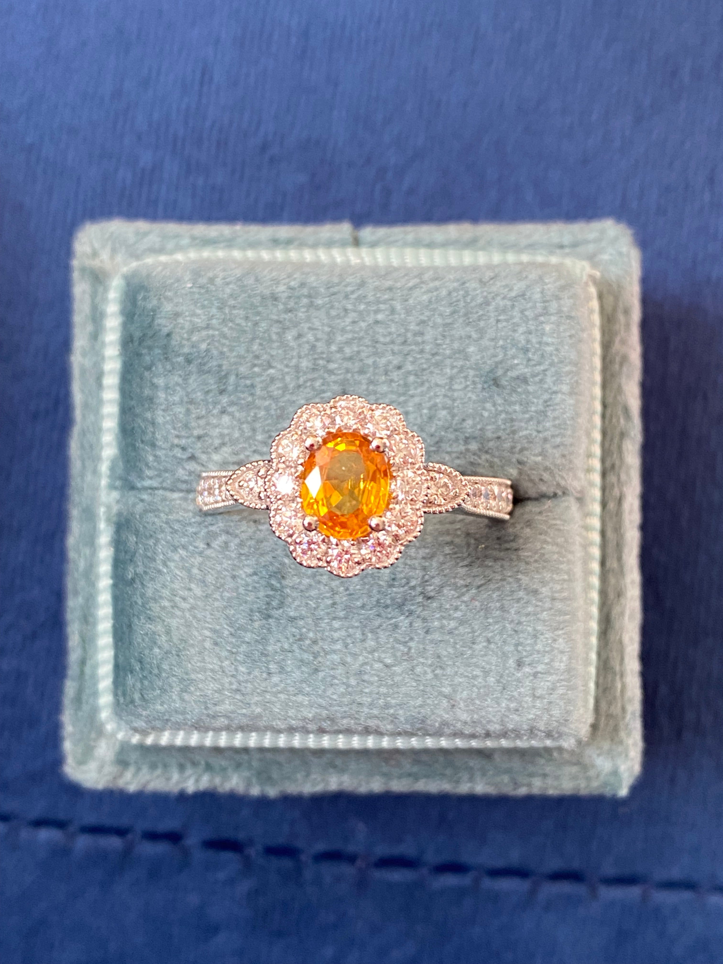 1.20ctw Orangey Yellow Sapphire and Natural Diamond Halo Ring in Platinum