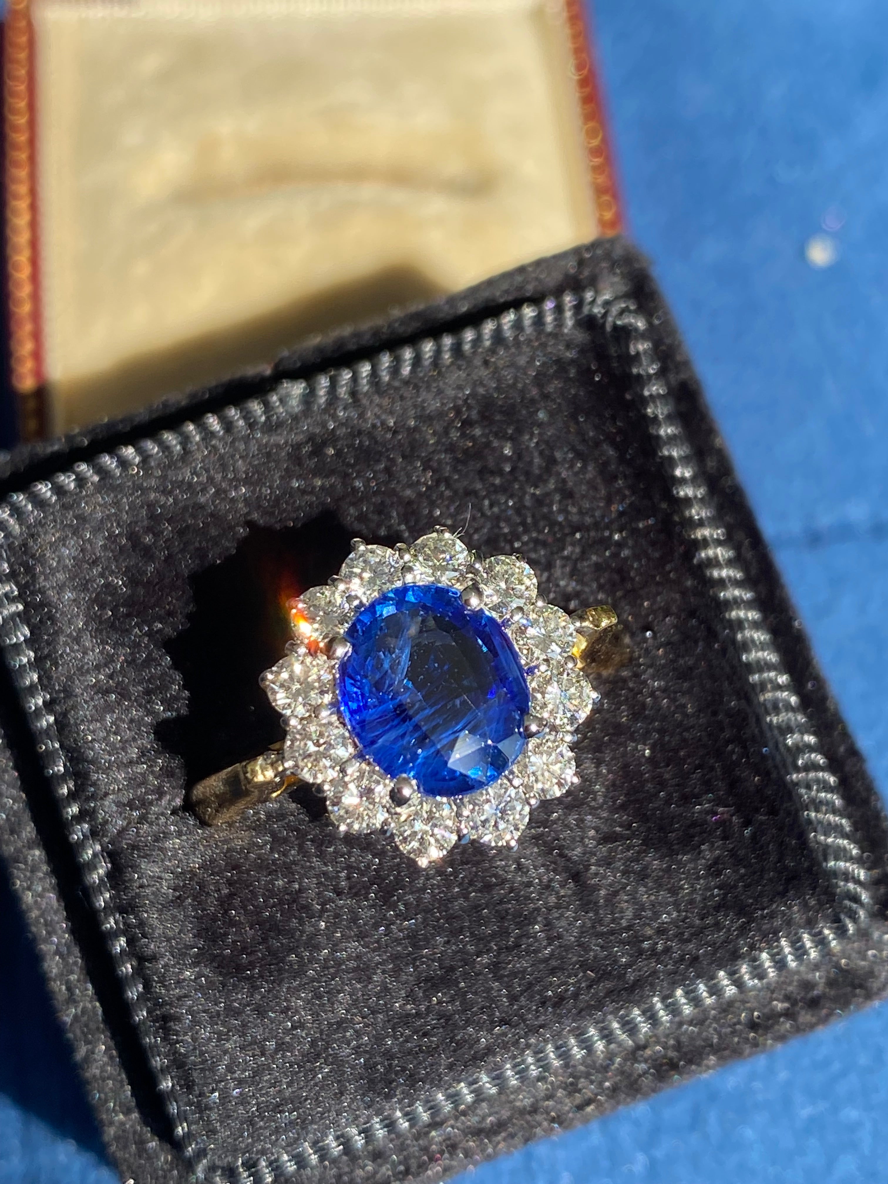 3.31 CTW Ceylon Sapphire and Natural Diamond Halo Ring in 18ct Gold
