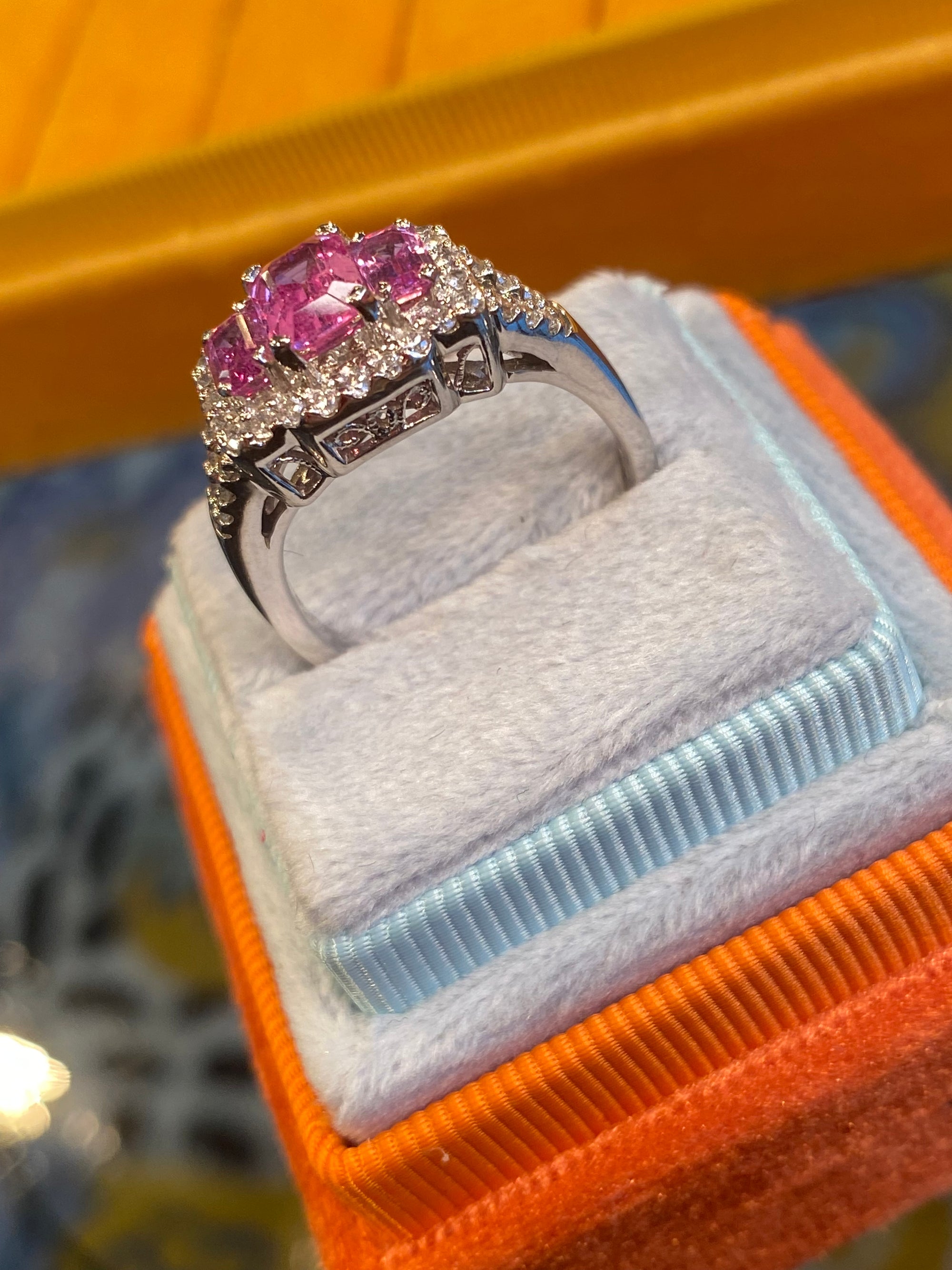 3.50 CTW Pink Sapphire and Natural Diamond Three Stone Ring Set in 18ct White Gold