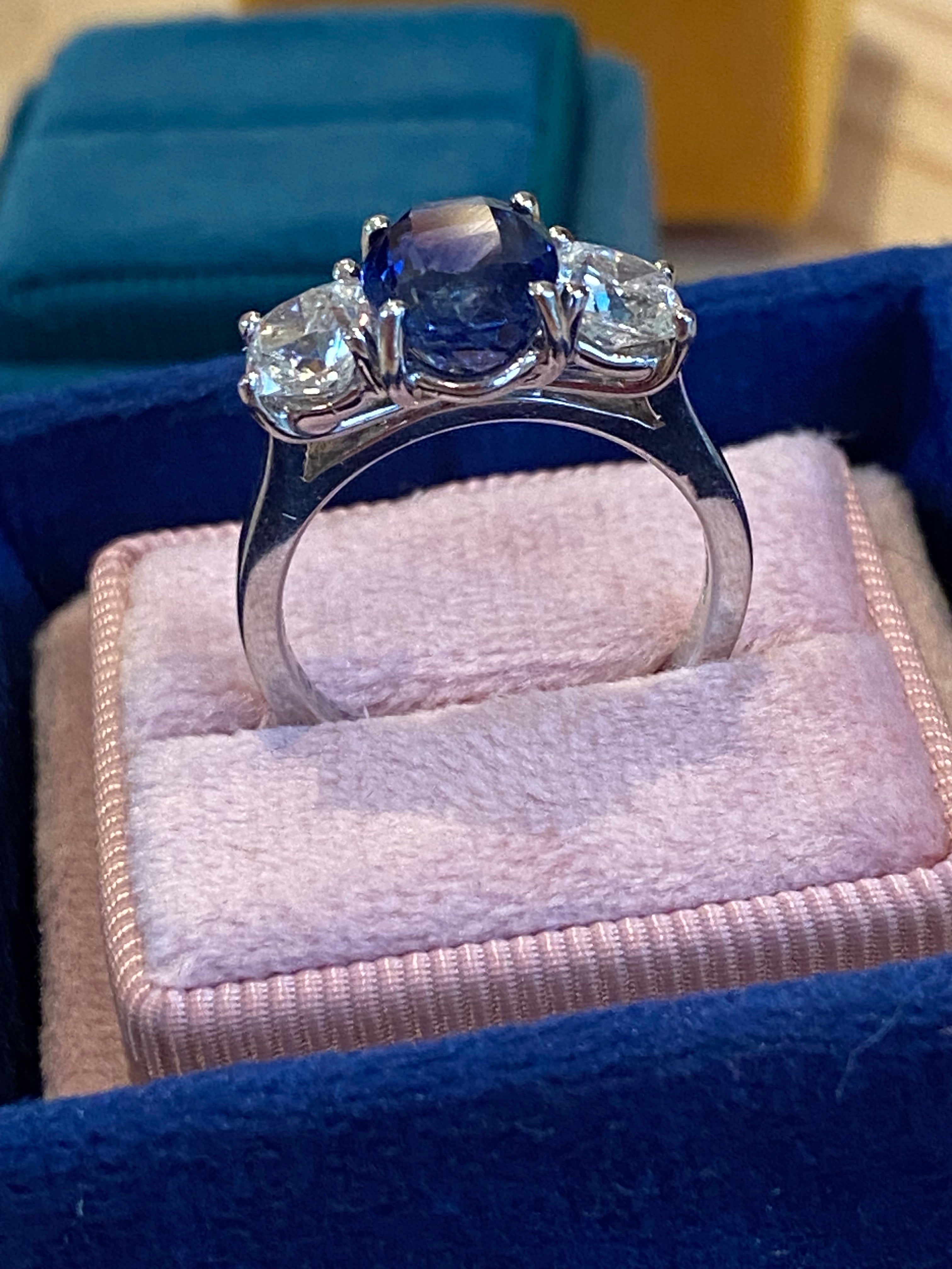 4.33 CTW Blue Ceylon Sapphire and Natural Diamond Three Stone Engagement Ring in Platinum