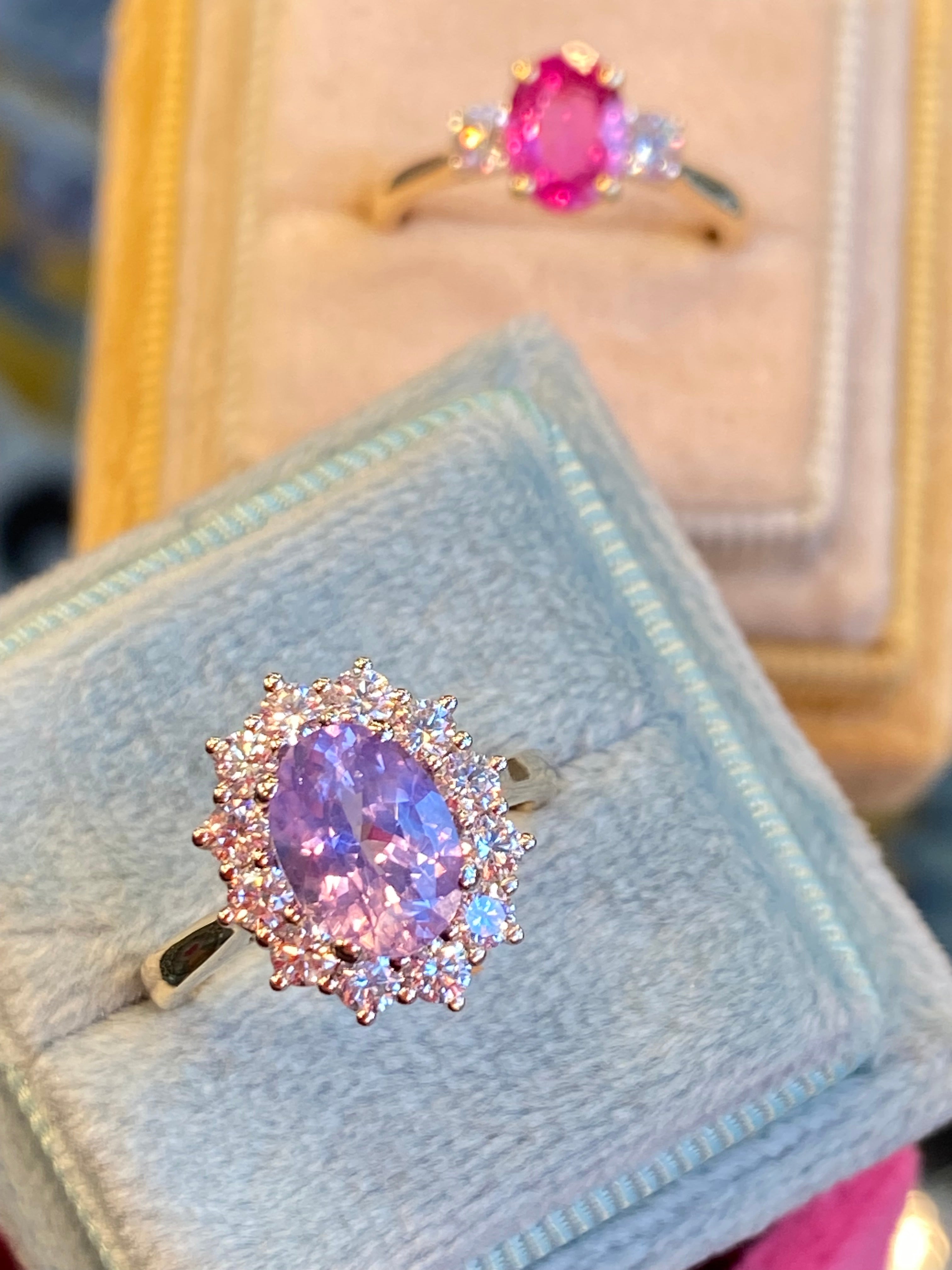 1.23 Carat No Heat Ceylon Pink Sapphire and Natural Diamond Three Stone Engagement Ring in Platinum and 18ct Yellow Gold