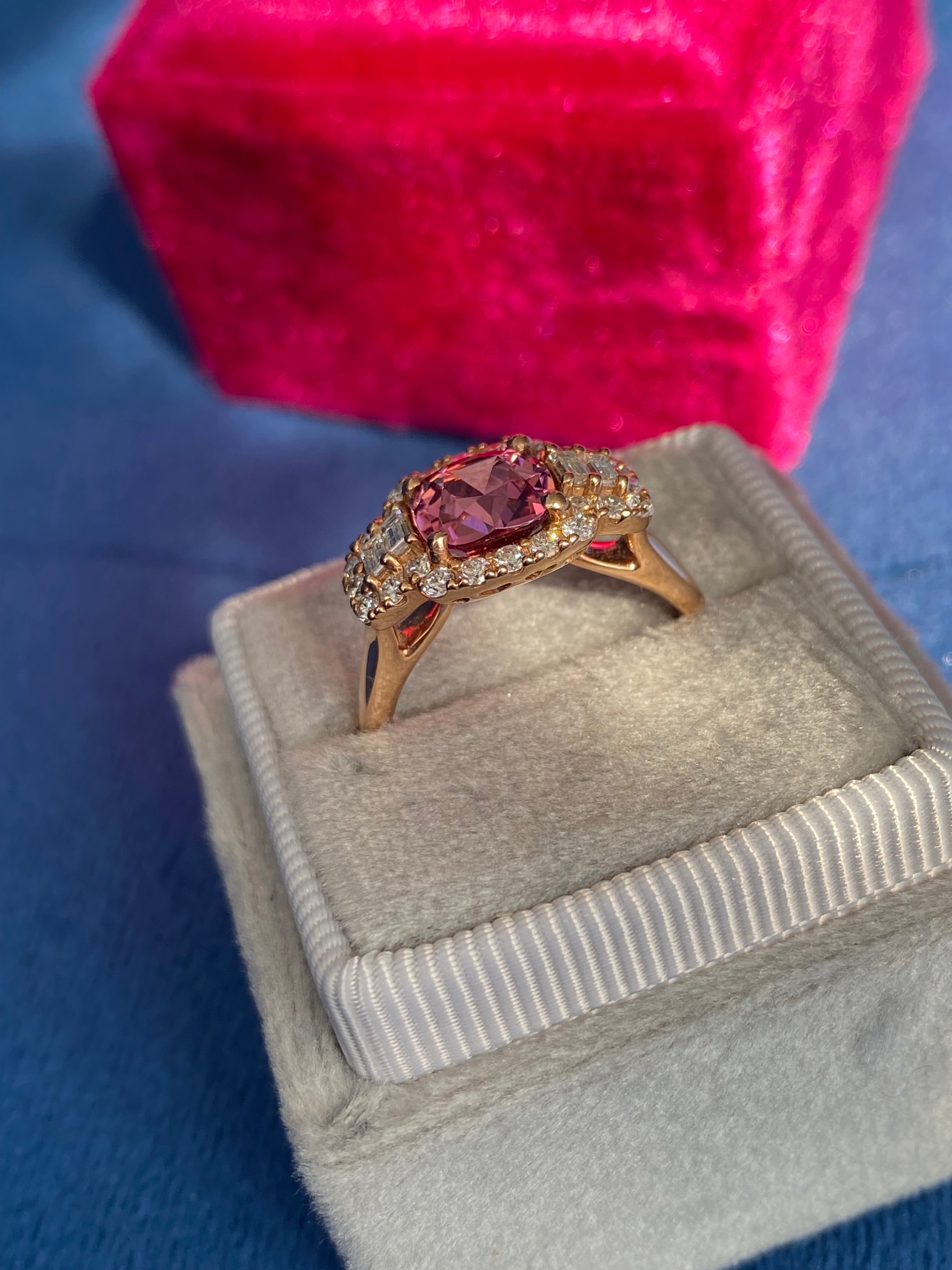2.02 CTW Pink Tourmaline and Natural Diamond Three Stone Halo Ring in 18ct Rose Gold
