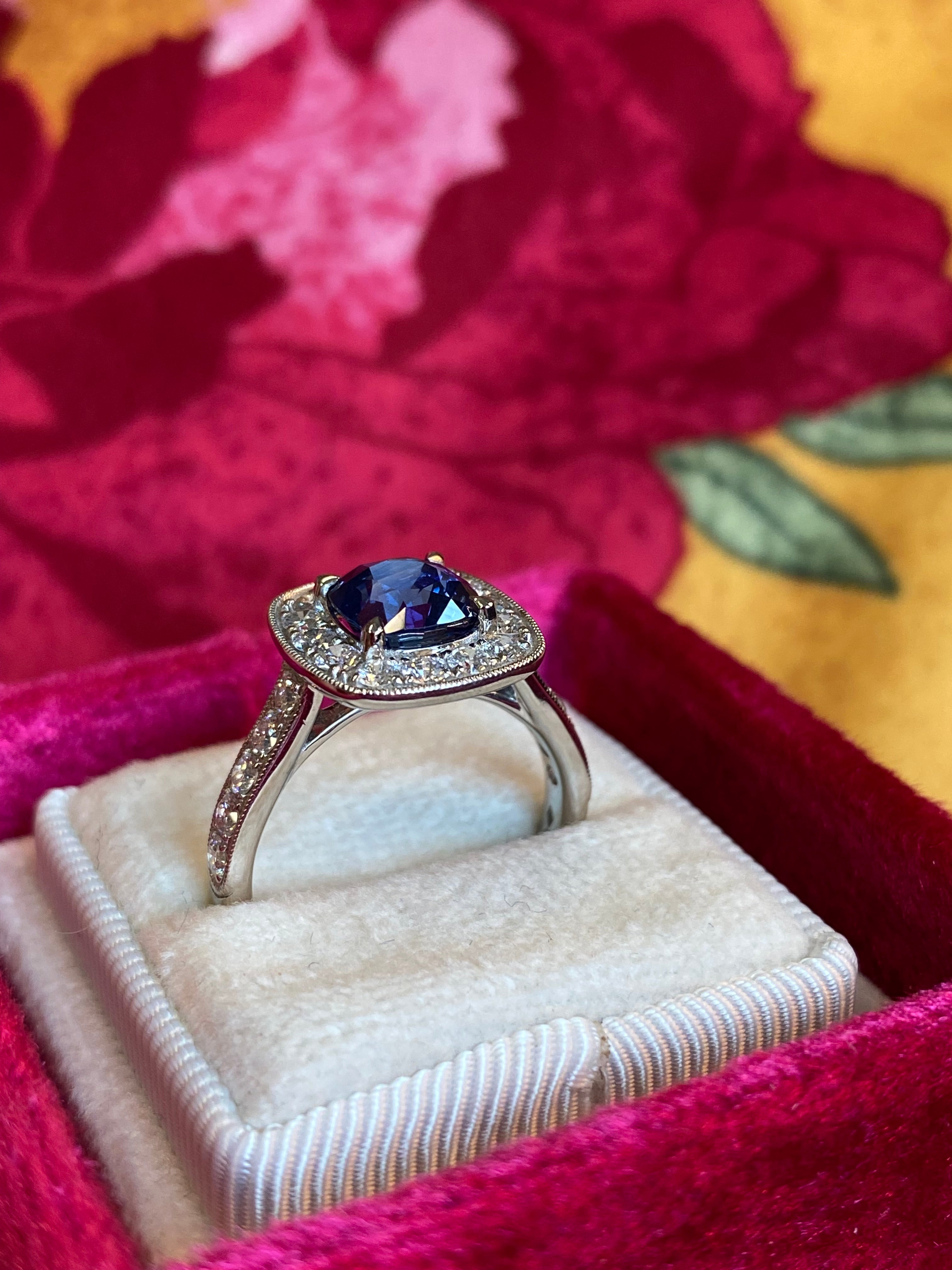 2.24 Carat Blue Ceylon Sapphire and Natural Diamond Halo Ring in Platinum
