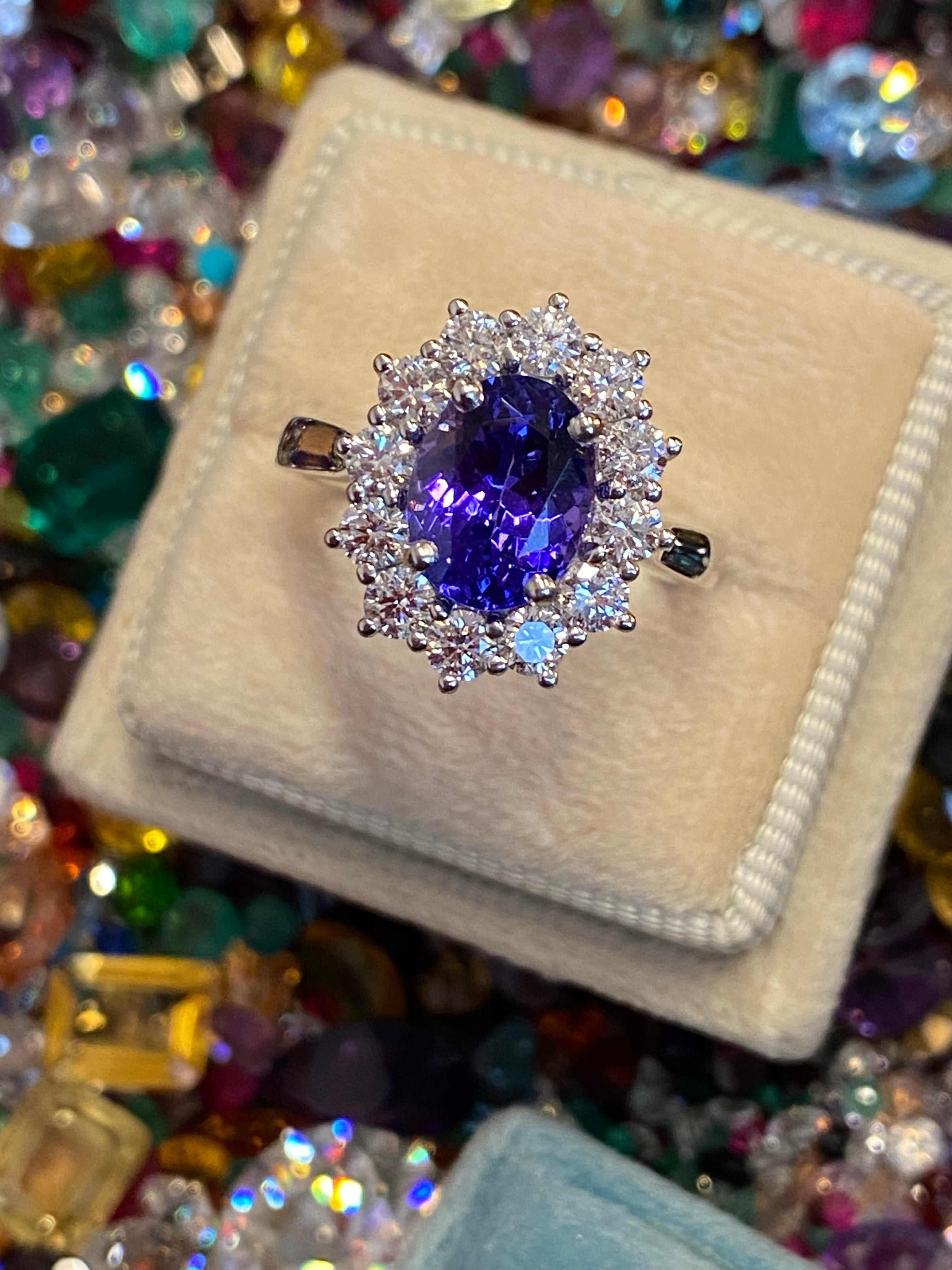 2.37 Carat Oval Cut Tanzanite and 0.93 ctw Natural Diamond Ring in Platinum