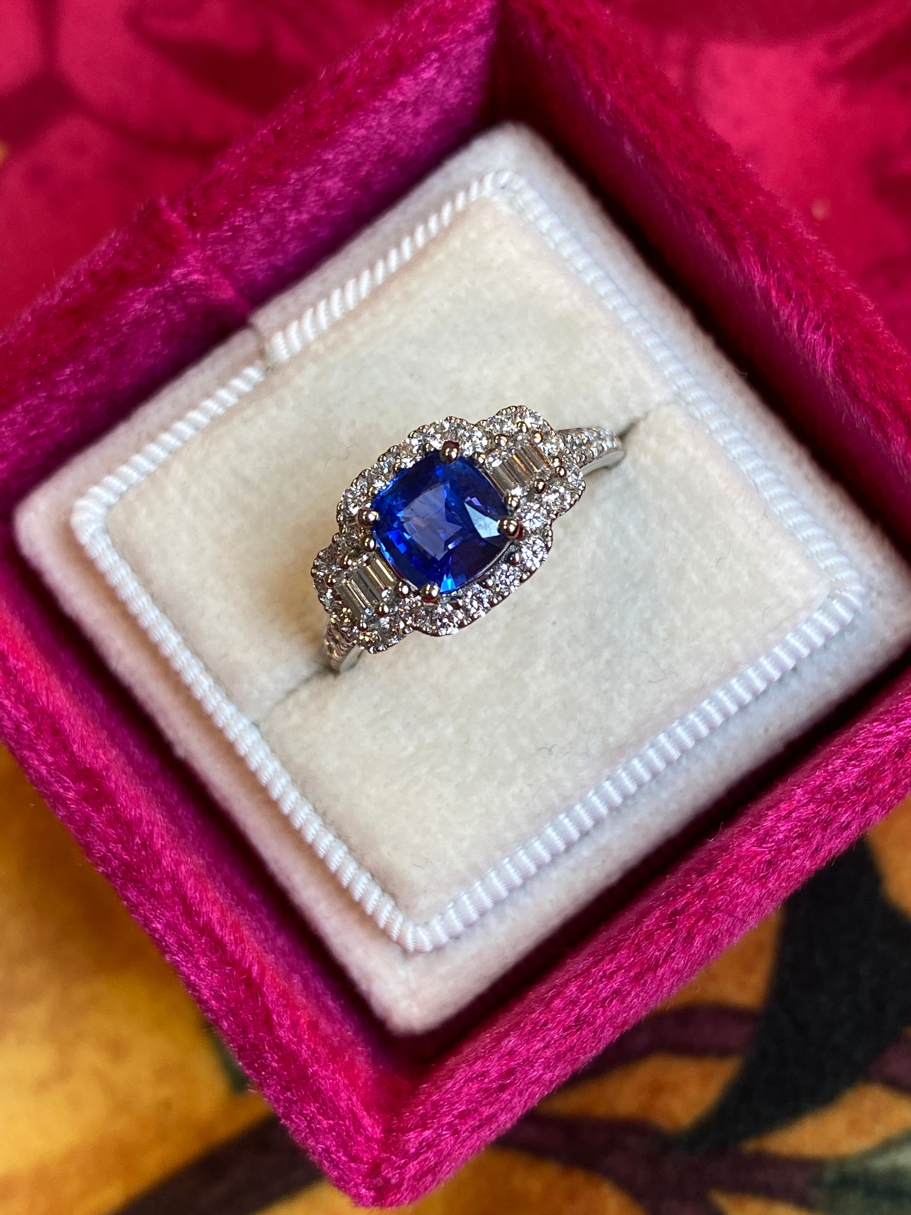 1.83 CTW Blue Ceylon Sapphire and Natural Diamond Three Stone Engagement Ring in Platinum