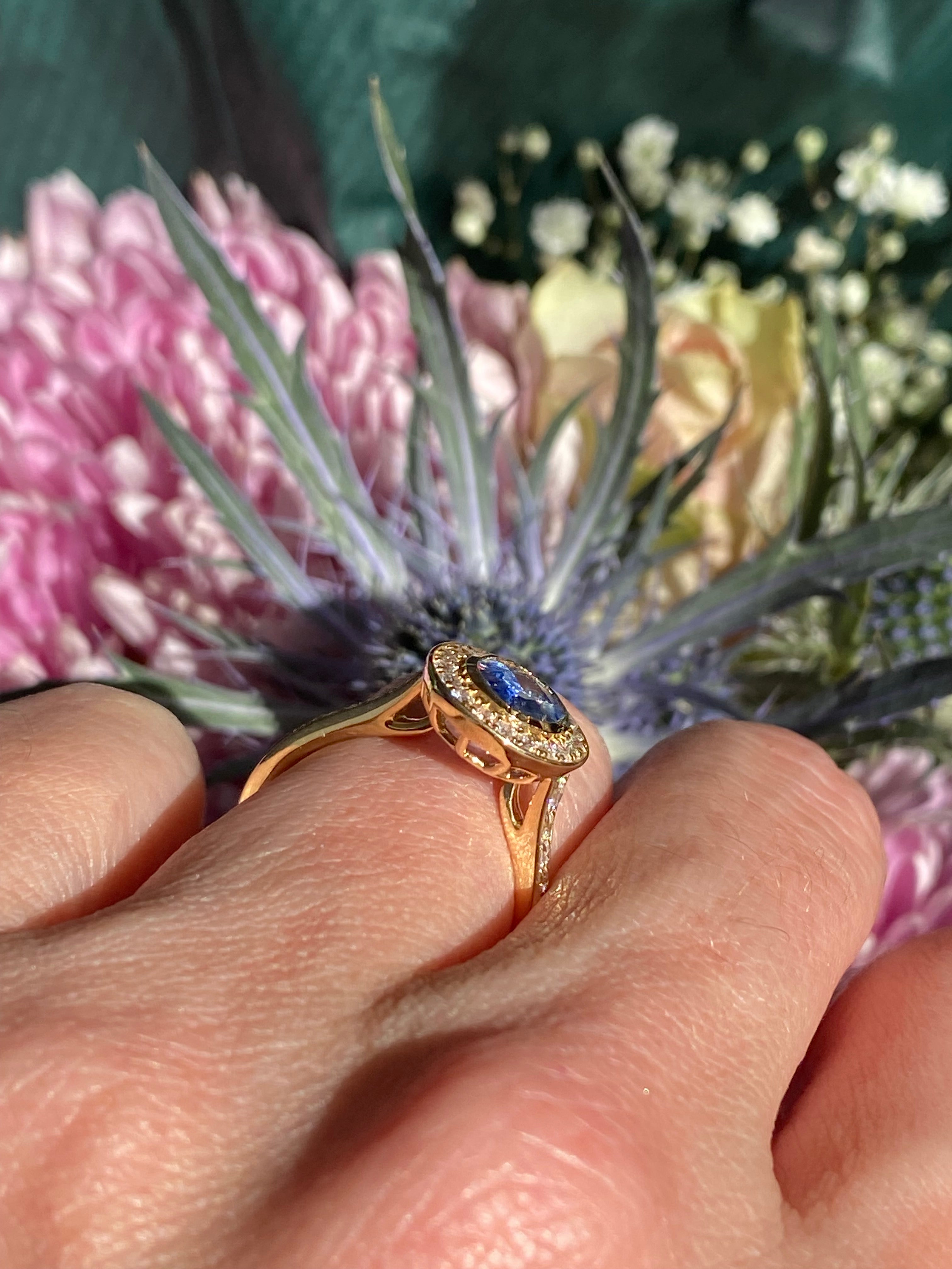 1.64 CTW Violet Sapphire and Natural Diamond Halo Ring in 18ct Yellow Gold