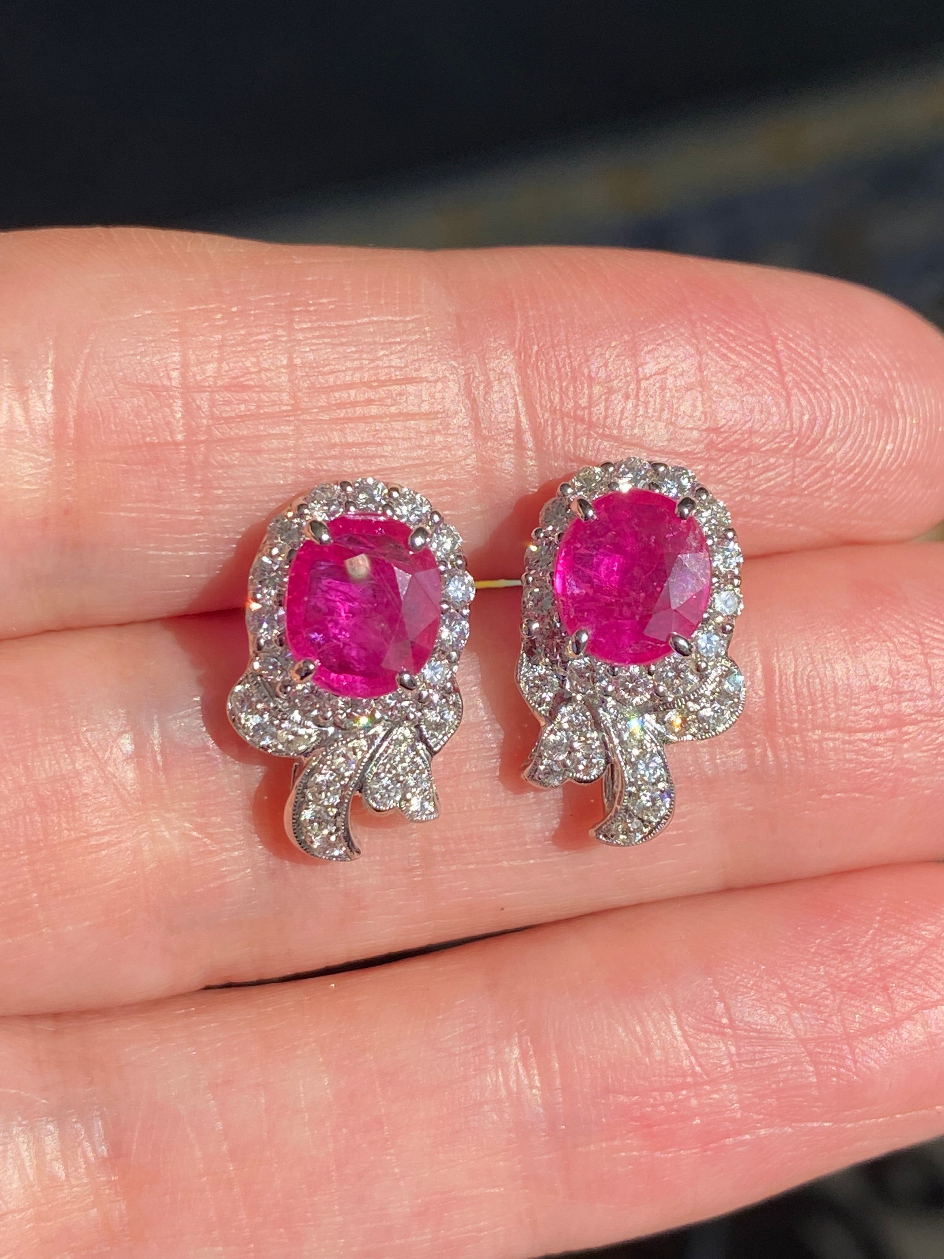 3.98 CTW Vintage Burmese Ruby Stud Earrings in 18ct White Gold
