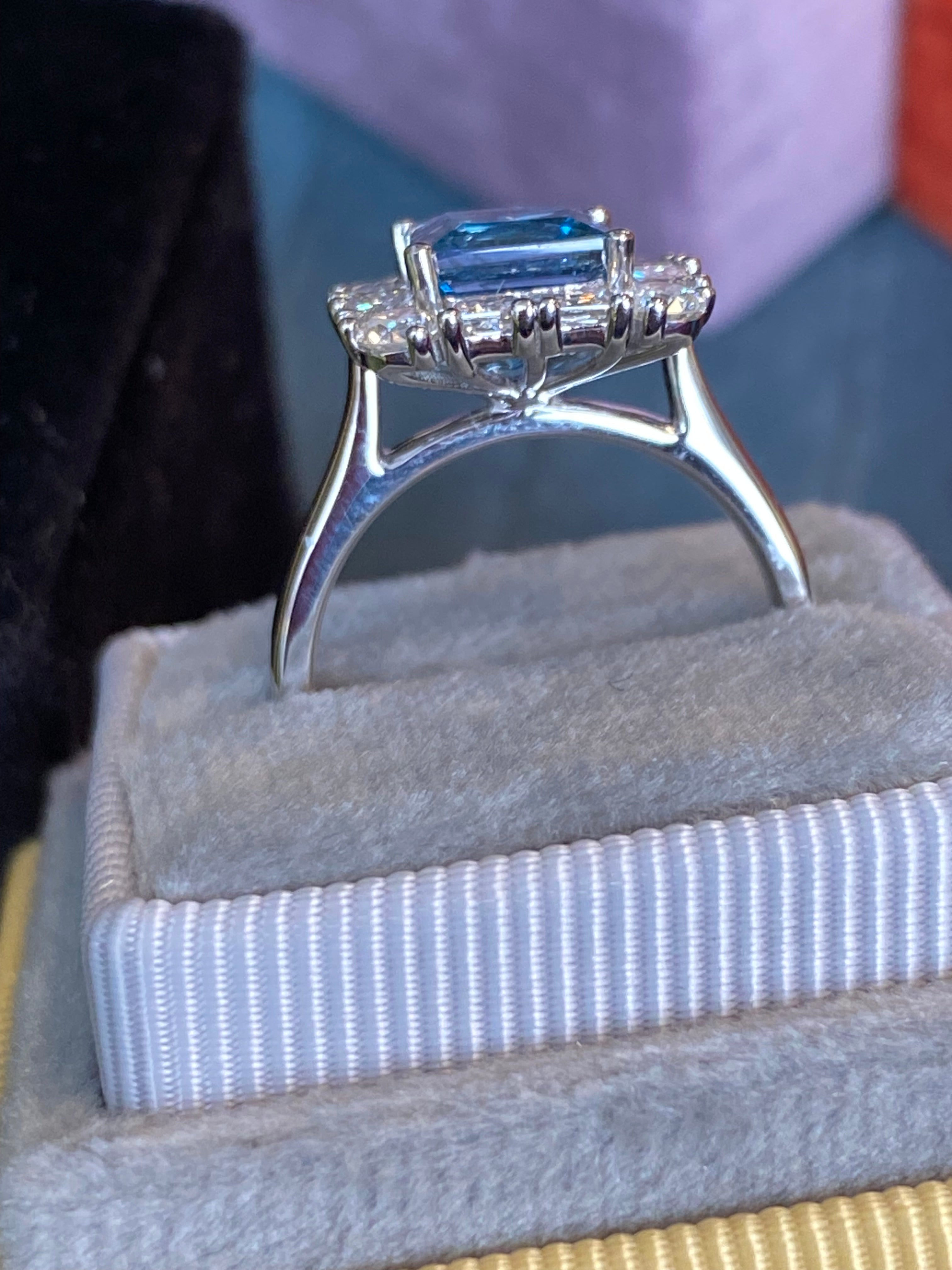 1.55 Carat Princess Cut Aquamarine and 1.32 CTW Natural Diamond Halo Engagement Ring in Platinum