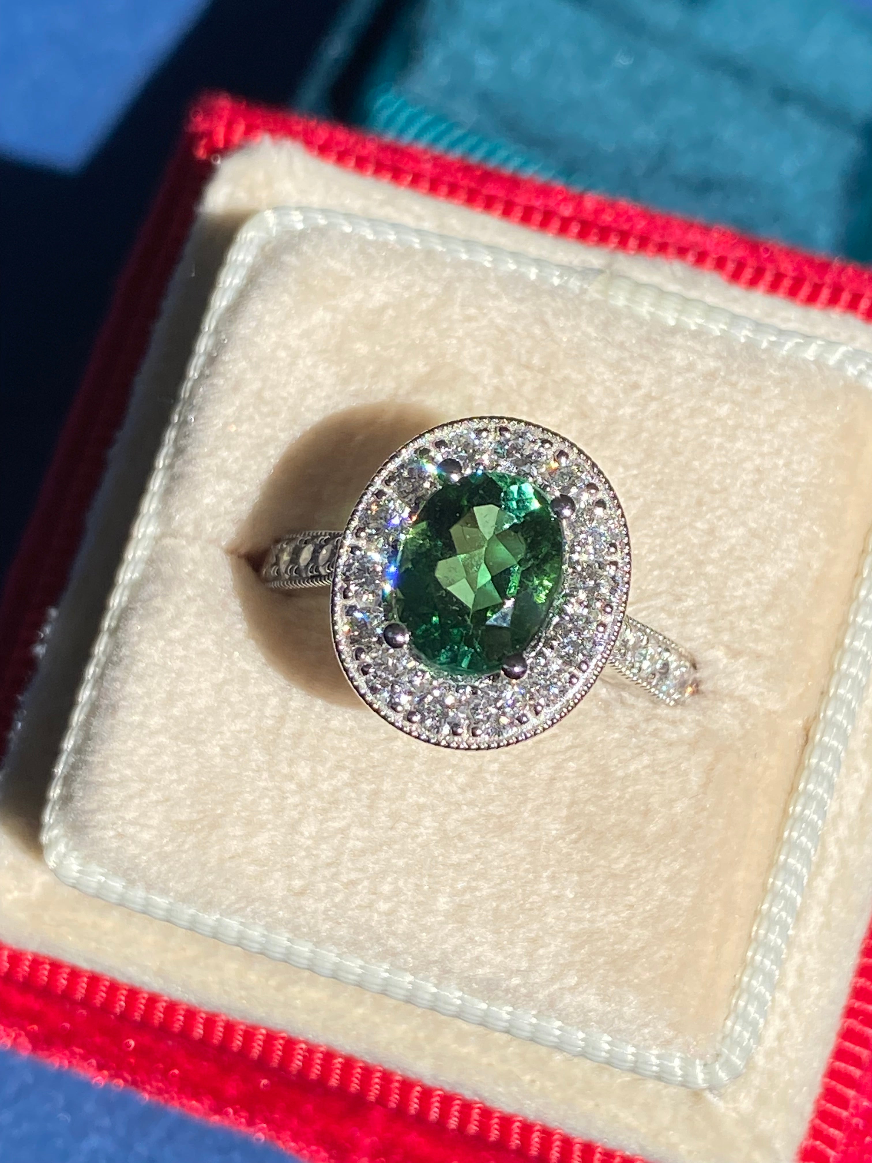 1.66 Carat Oval Cut Mint Tourmaline and 0.66 CTW Natural Diamond Ring in Platinum