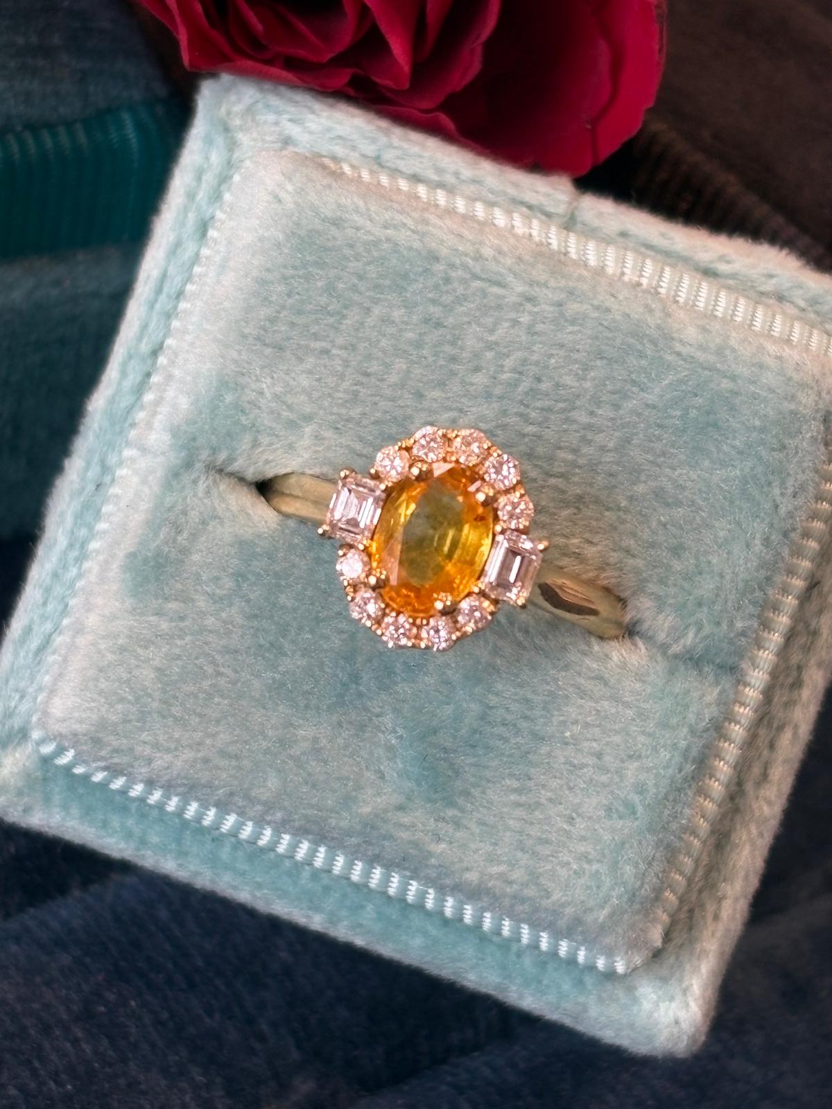 0.93 Carat Orange Yellow Sapphire and 0.37ctw Natural Diamond Halo Engagement Ring in 18ct Yellow Gold
