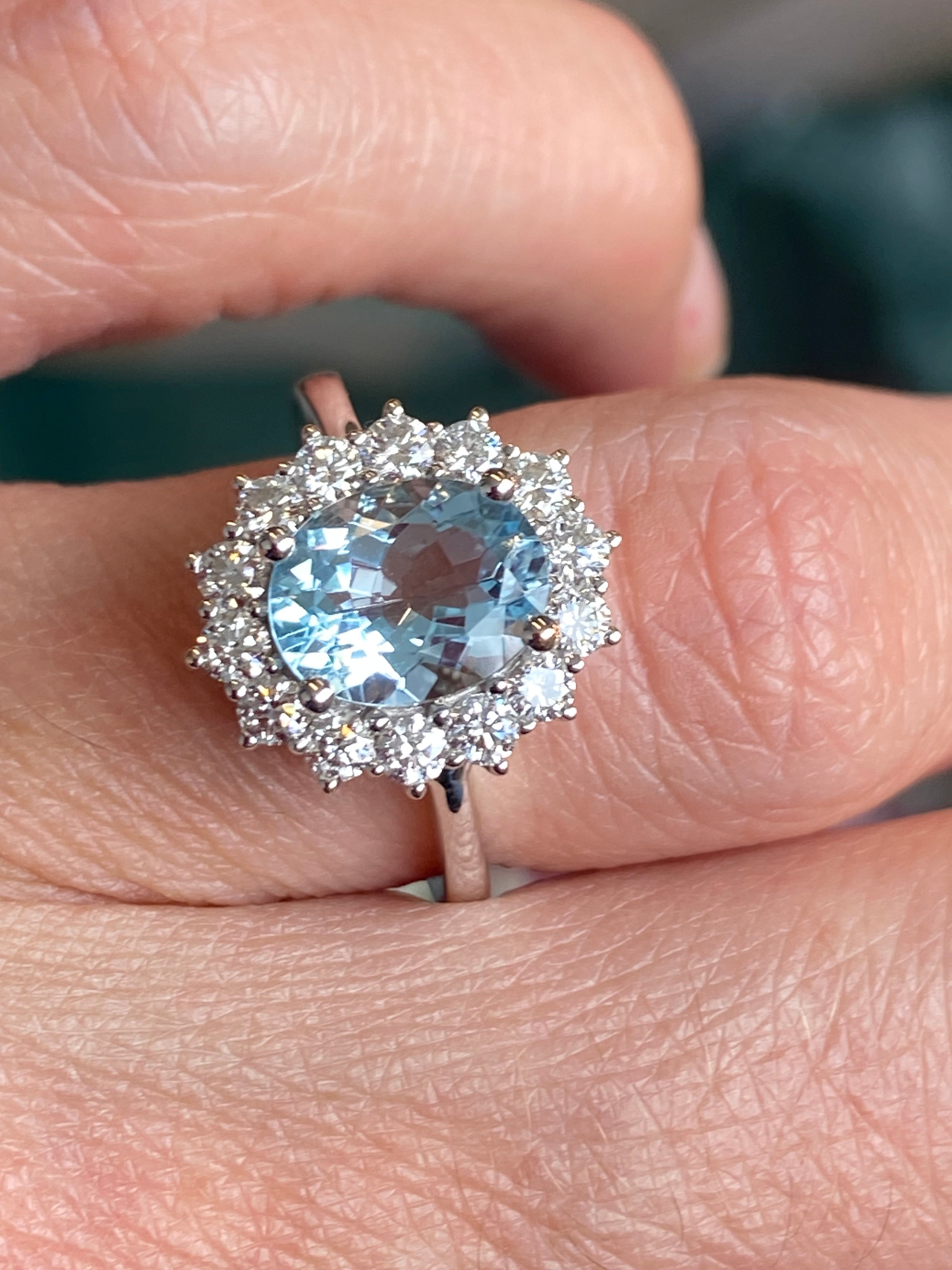 2.02 CTW Oval Cut Aquamarine and Natural Diamond Halo Engagement Ring in Platinum