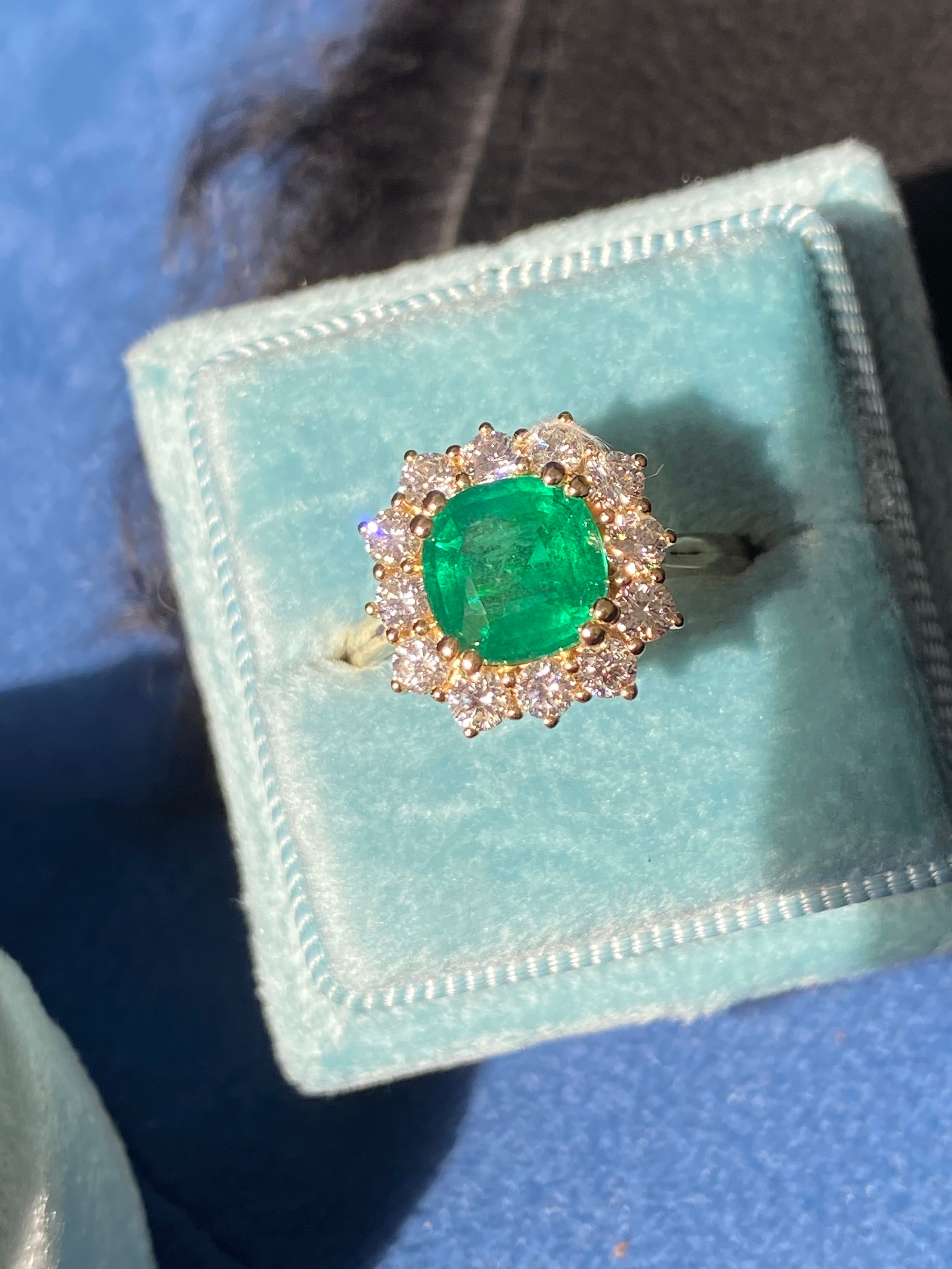 Masterpiece Cushion Cut Emerald and Natural Diamond Halo Ring in 18ct Yellow Gold