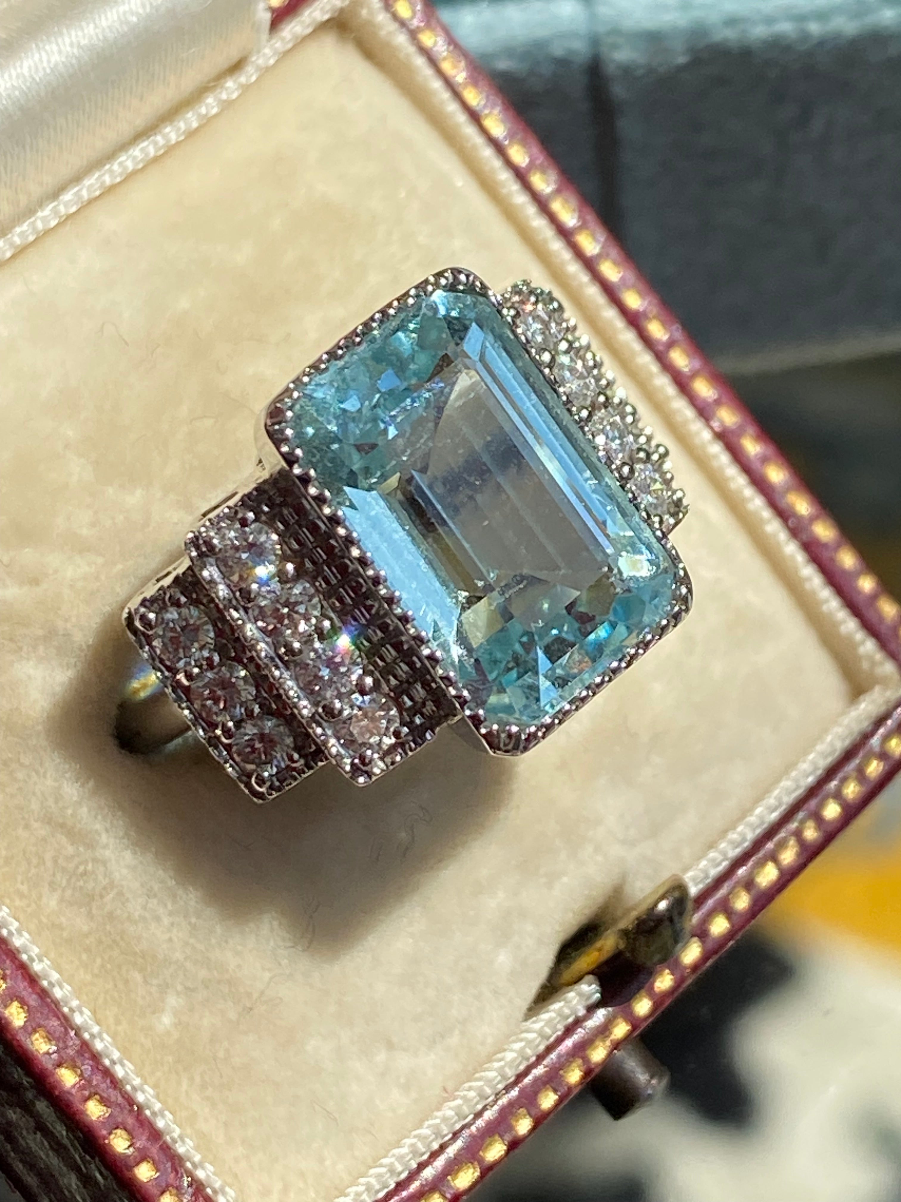 6.29 CTW Art Deco Style Aquamarine and Diamond Ring in 18ct White Gold