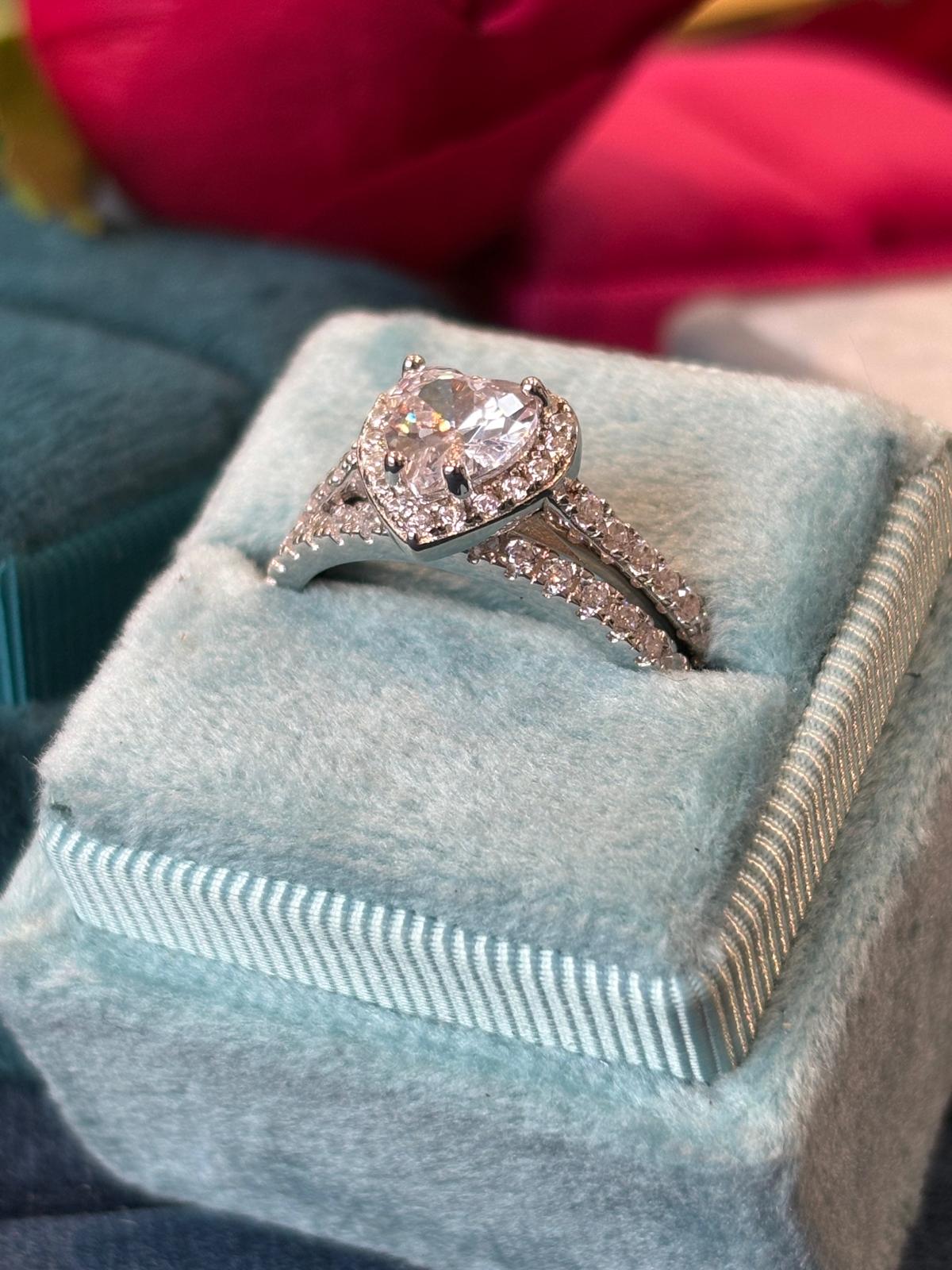 Heart Shape Moissanite Halo Engagement and Wedding / Eternity Ring Set in Sterling Silver