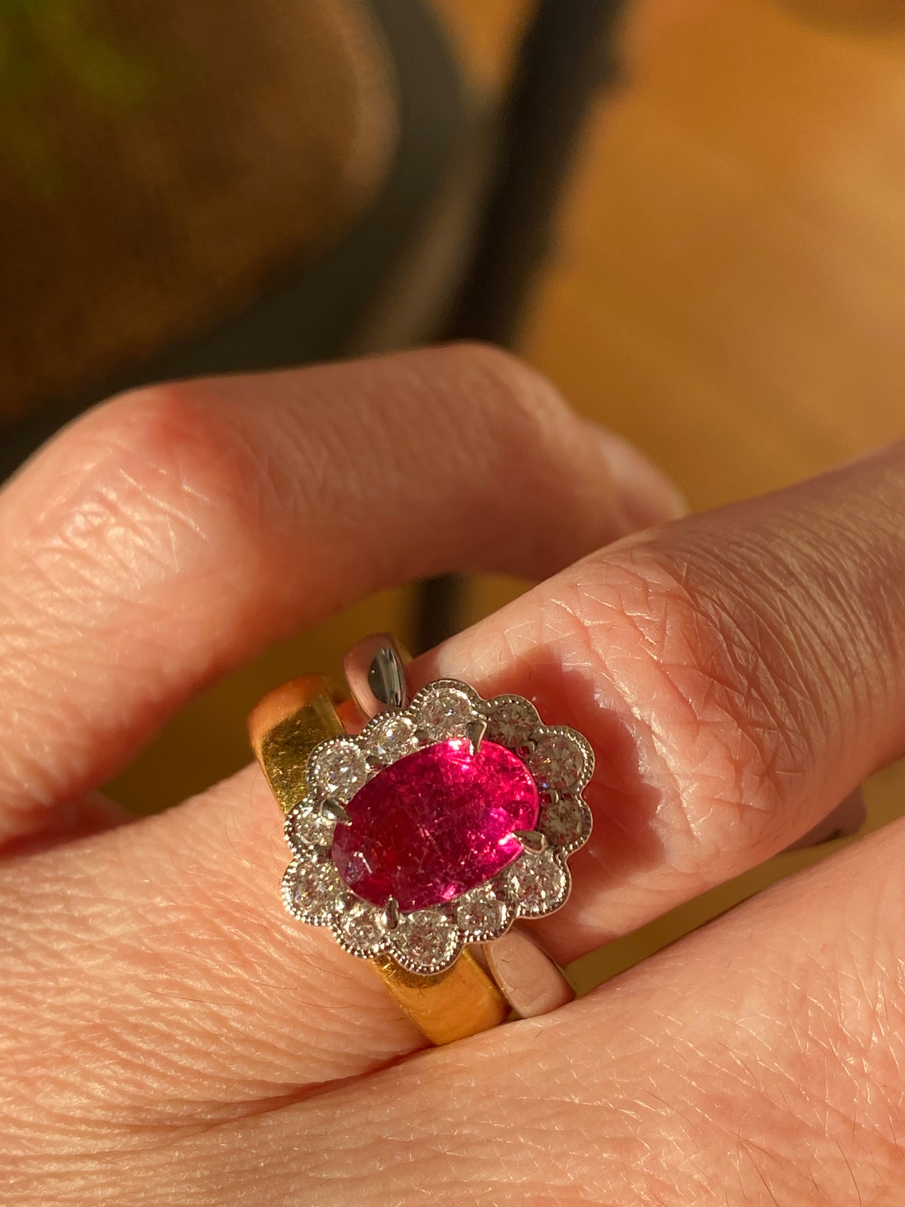 1.44 Carat Cut Pink Tourmaline and Natural Diamond Ring in Platinum
