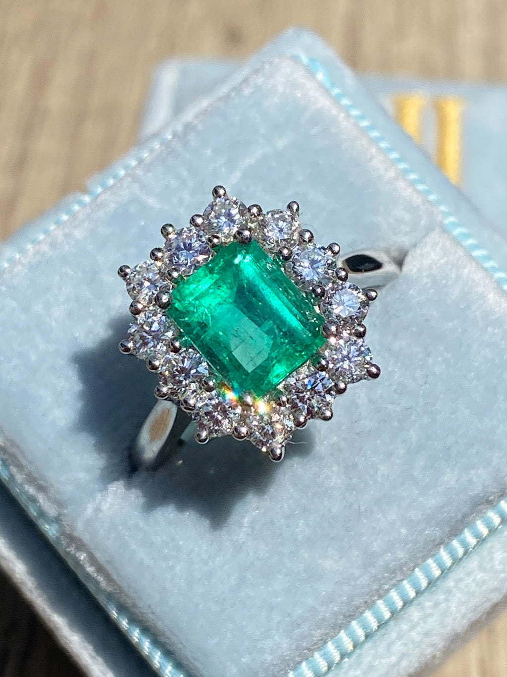 CTW Emerald Cut Colombian Emerald and Natural Diamond Halo Ring in Platinum