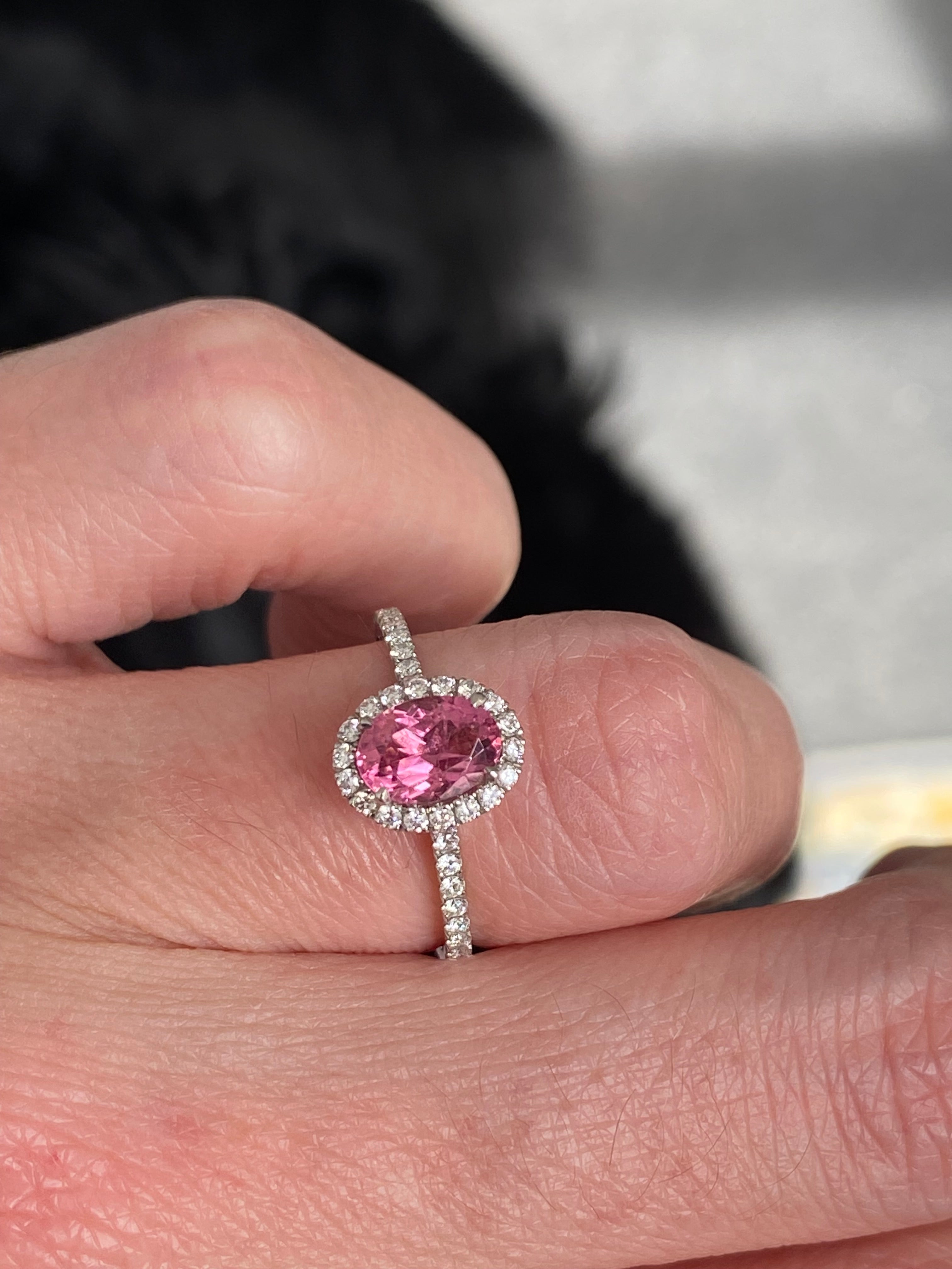 1.24 CTW Oval Cut Pink Sapphire and Natural Diamond Halo Engagement Ring in Platinum