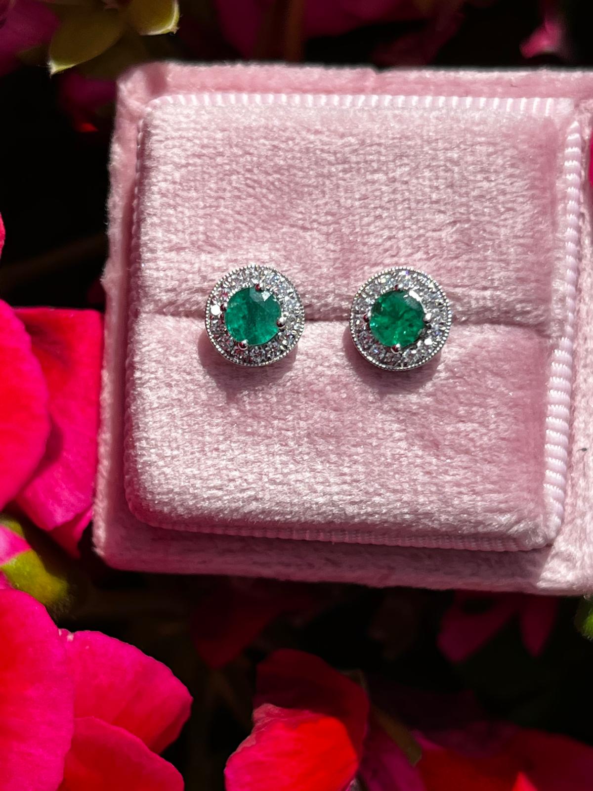 Emerald and Natural Diamond Halo Stud Earrings in 18ct White Gold