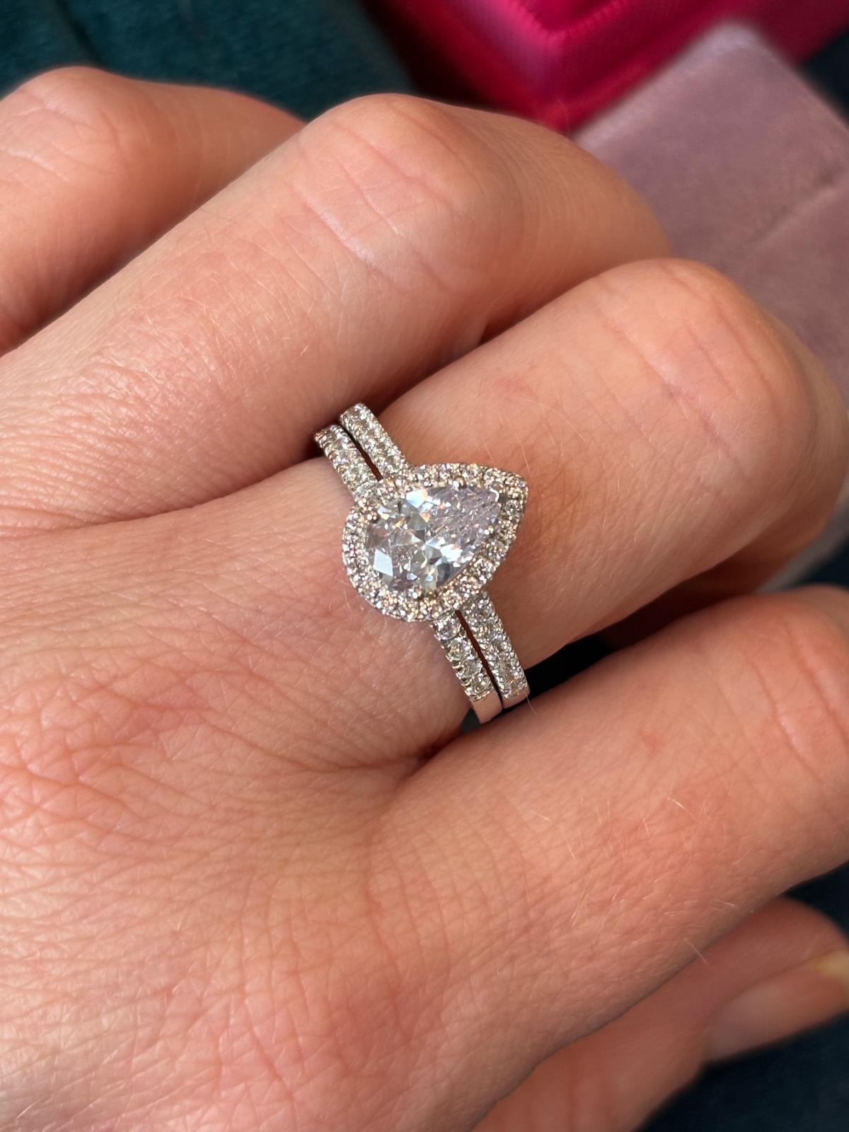 Pear Cut Moissanite Halo Engagement and Wedding / Eternity Ring Set in Sterling Silver