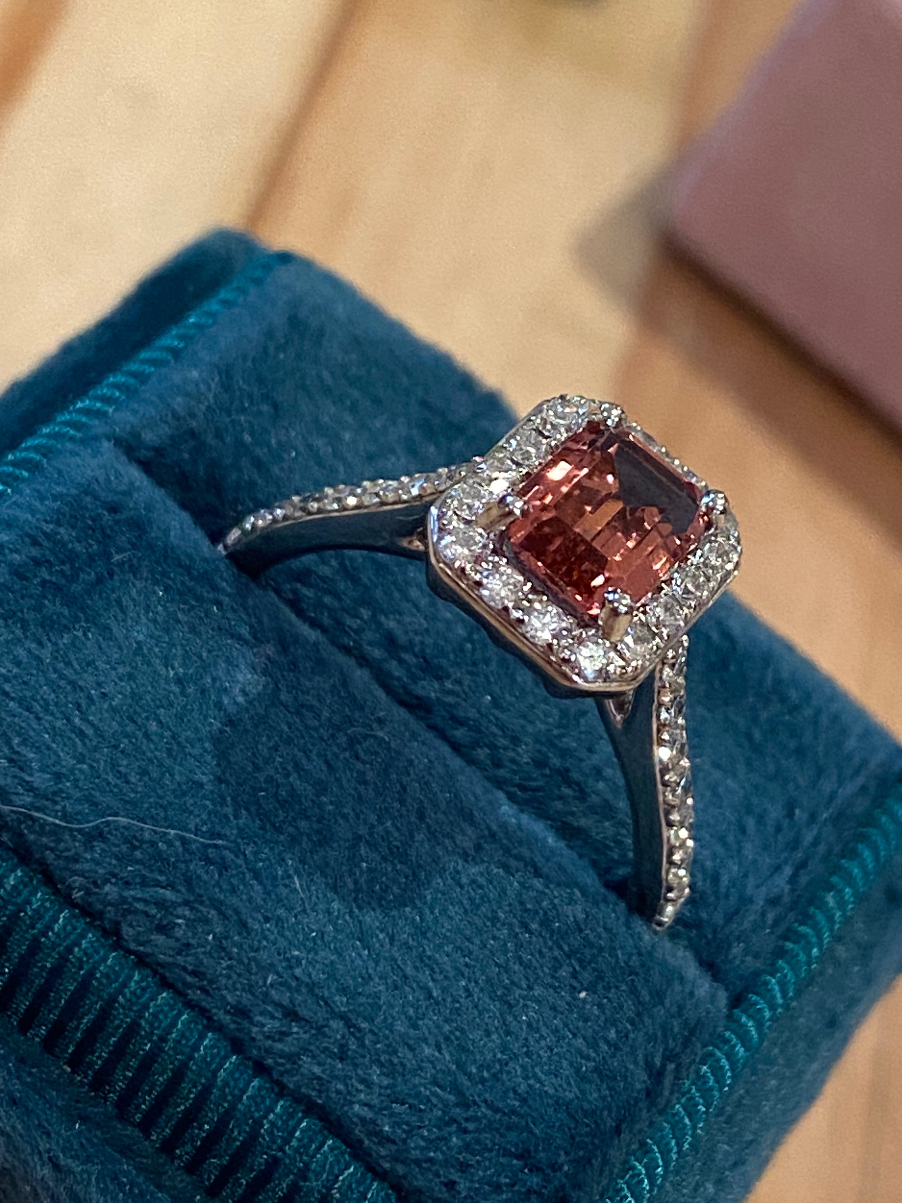 1.42 CTW Emerald Cut Pink Tourmaline and Natural Diamond Halo Ring in Platinum