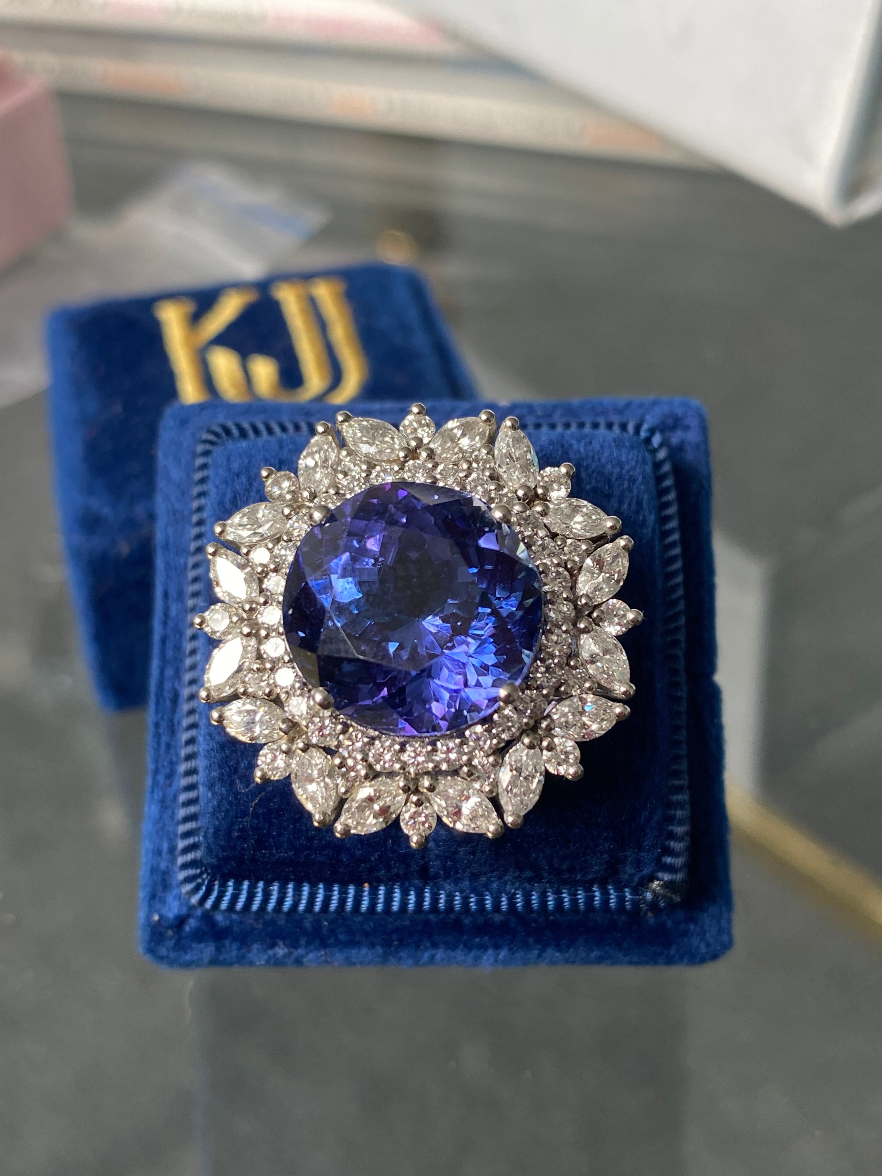 15.96 Carat Round Cut Tanzanite and 2.88ctw Natural Diamond Cocktail Ring in Platinum