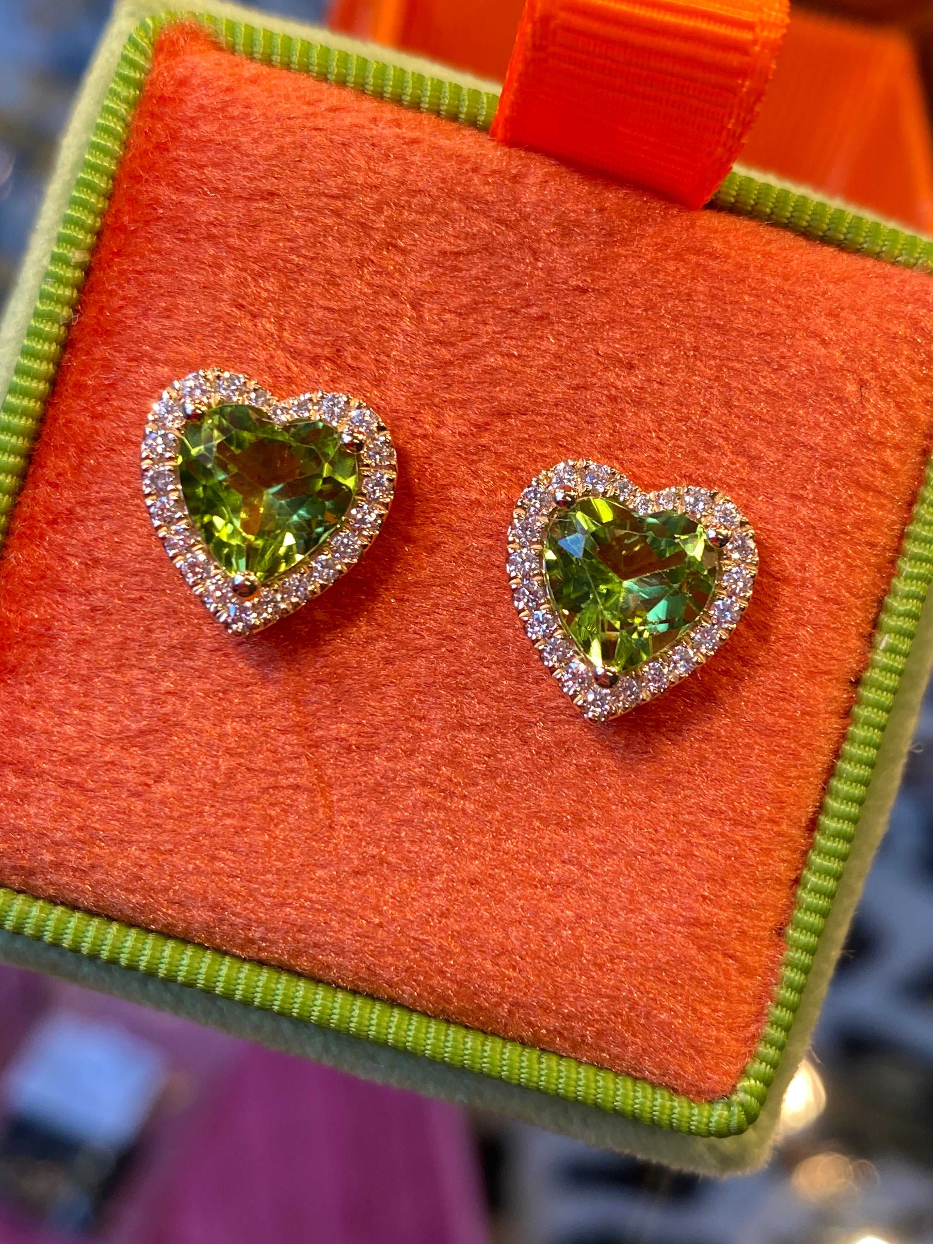Beautiful Heart Shaped Peridot and Natural Diamond Stud Earrings in 9ct Yellow Gold
