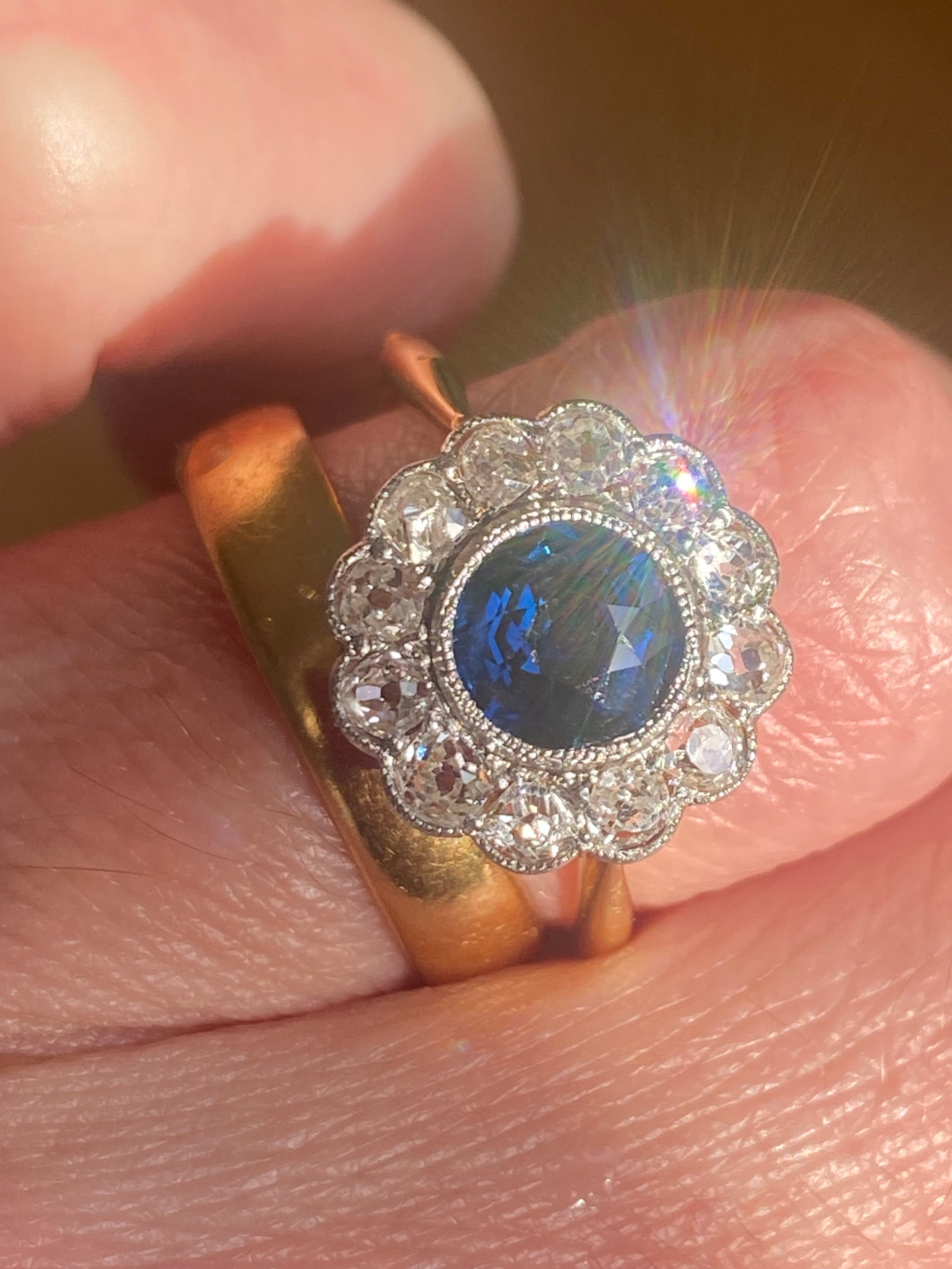 2.25 CTW Antique Edwardian Old Cut Sapphire and Diamond Daisy Ring in 18ct Gold and Platinum