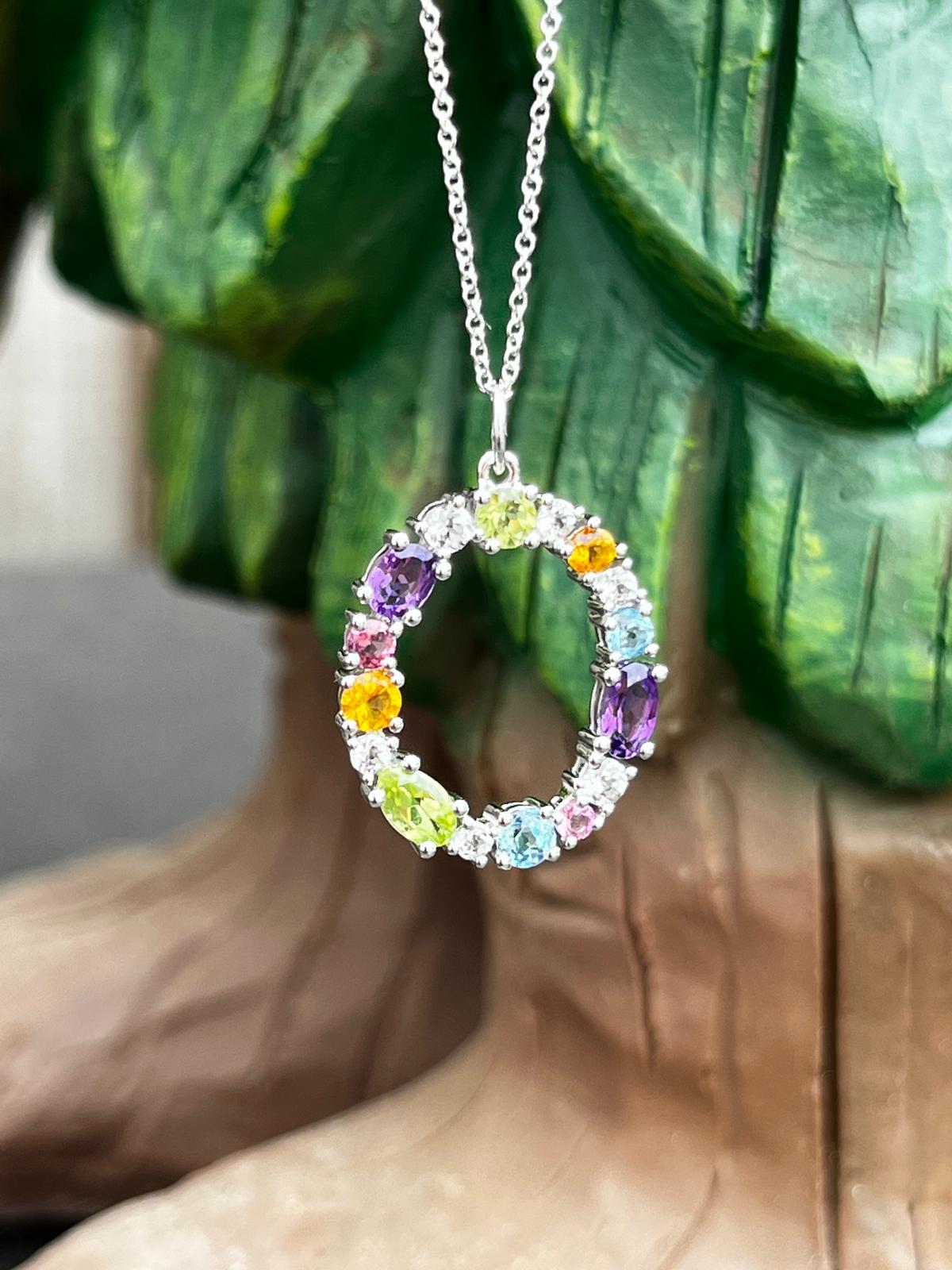 1.61 CTW Peridot, Pink Sapphire, Blue Topaz, Citrine, Amethyst, and Diamond Pendant Necklace in 18ct White Gold