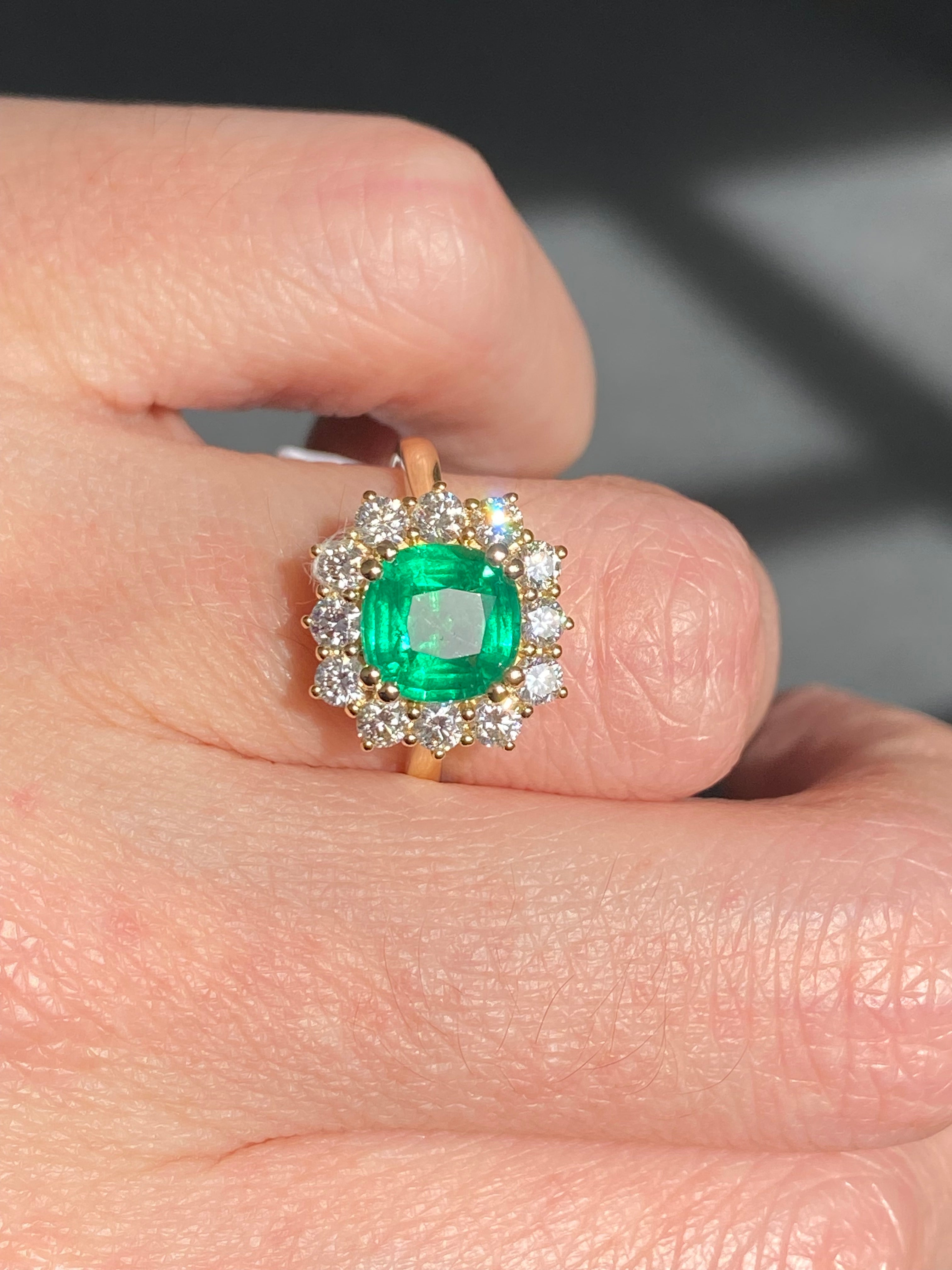 Masterpiece Cushion Cut Emerald and Natural Diamond Halo Ring in 18ct Yellow Gold