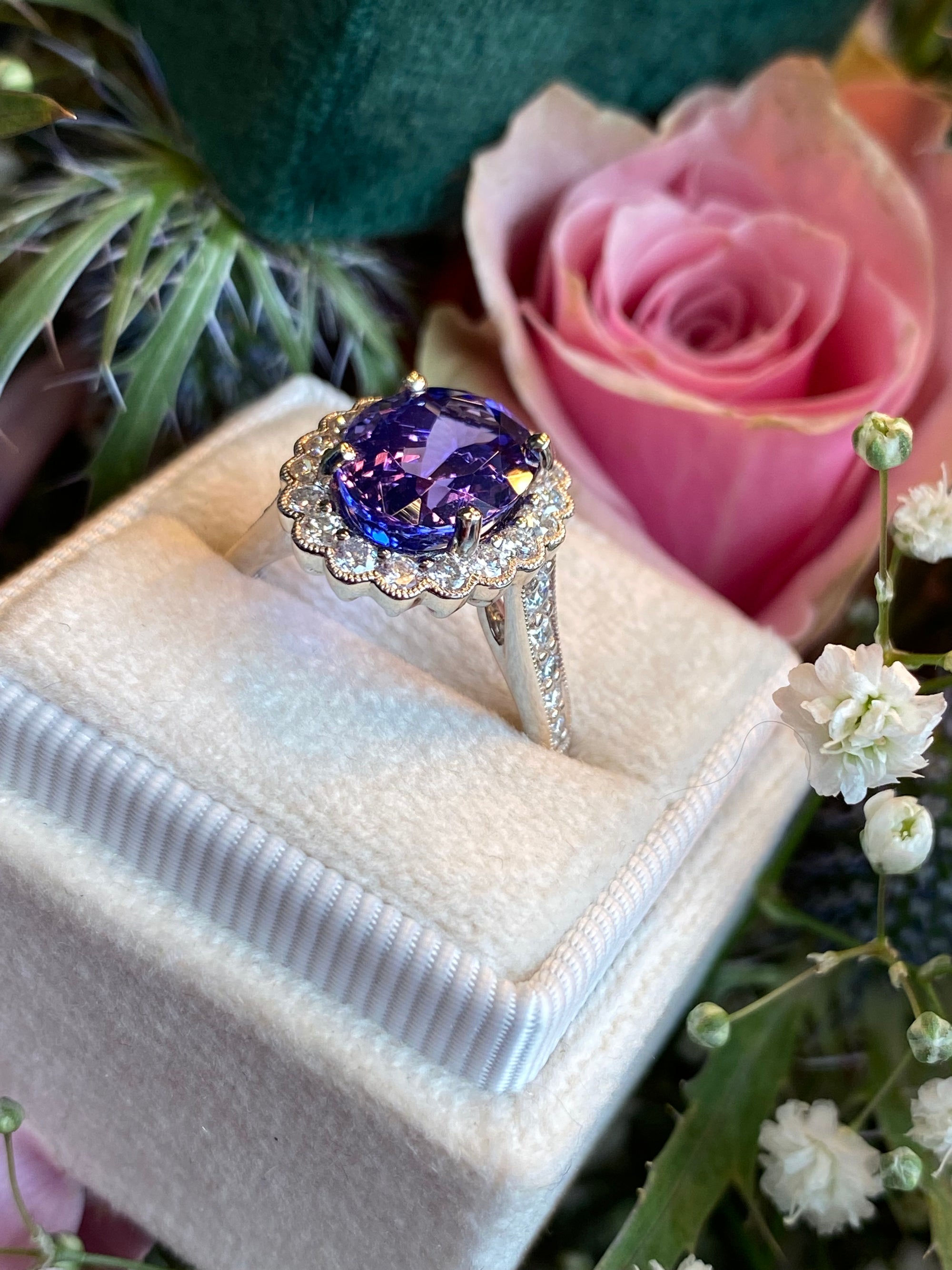 3.87 Carat Oval Cut Tanzanite and 0.75ctw Natural Diamond Cocktail Ring in Platinum