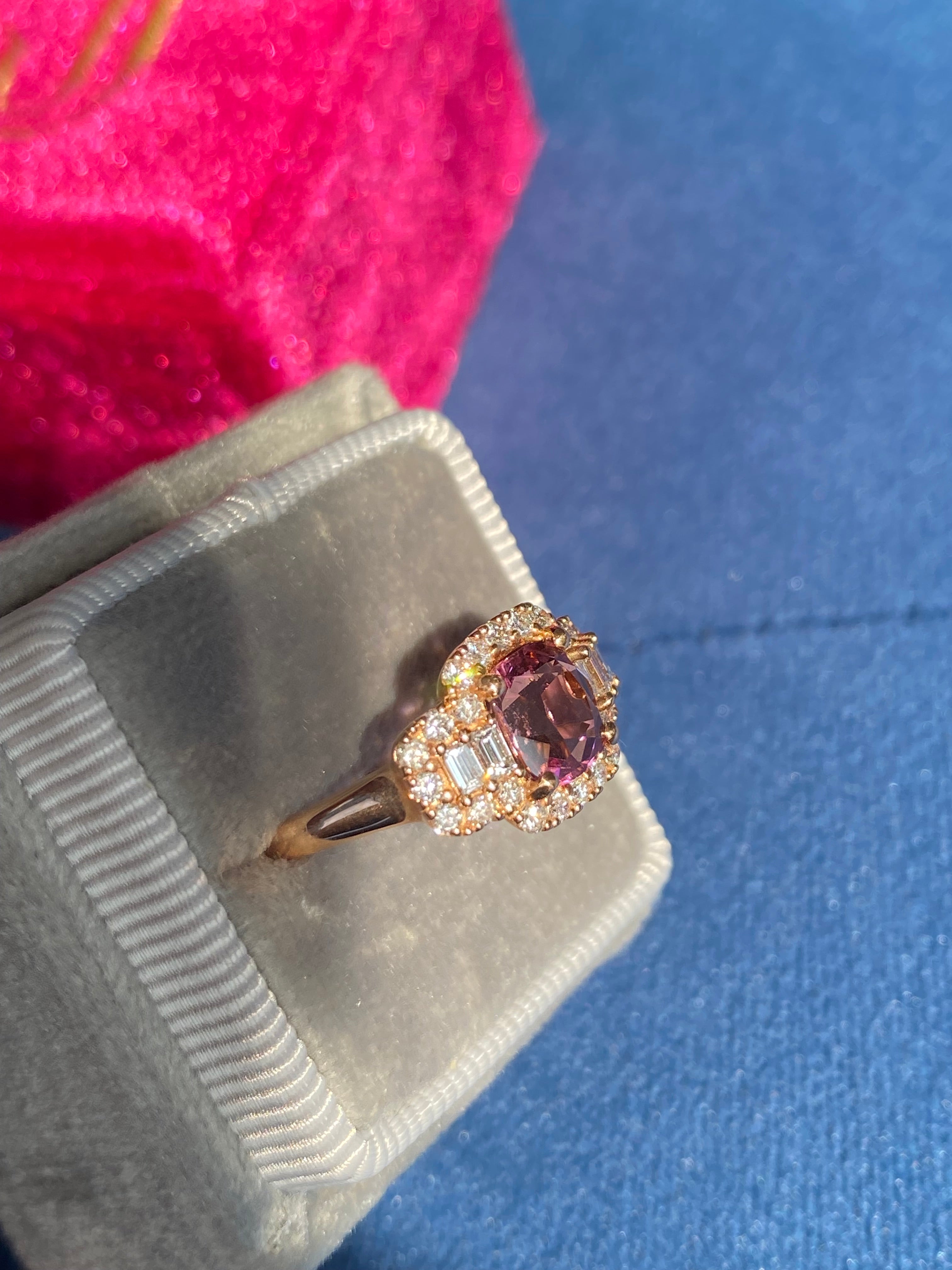 2.02 CTW Pink Tourmaline and Natural Diamond Three Stone Halo Ring in 18ct Rose Gold