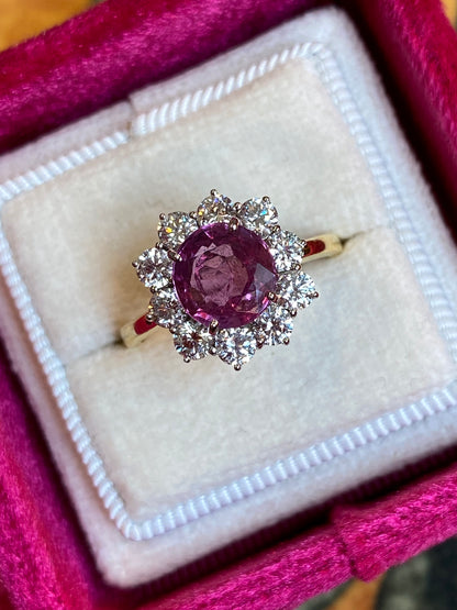 2.93 CTW Round-Cut Ruby and Natural Diamond Halo Ring in 18ct White and Yellow Gold