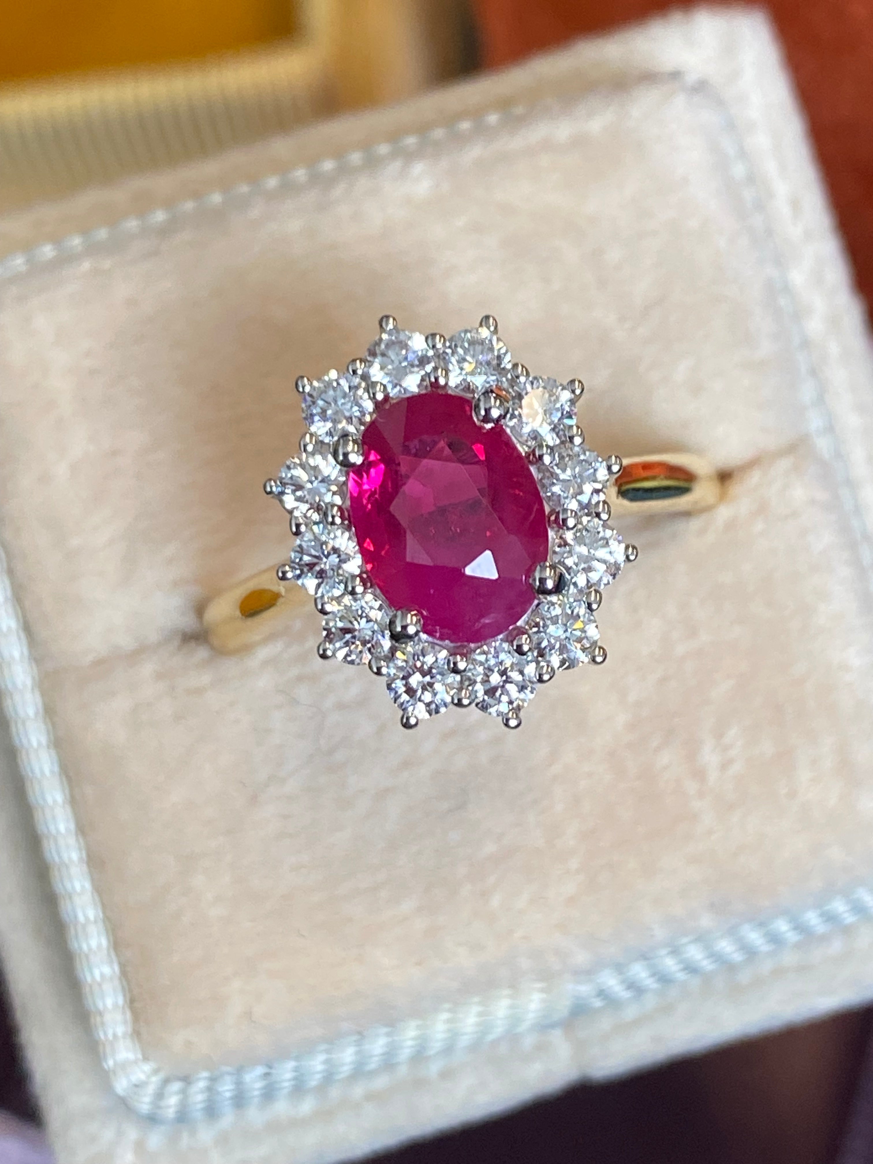 Breathtaking Ruby and Natural Diamond Halo Ring in Platinum and 18ct Yellow Gold