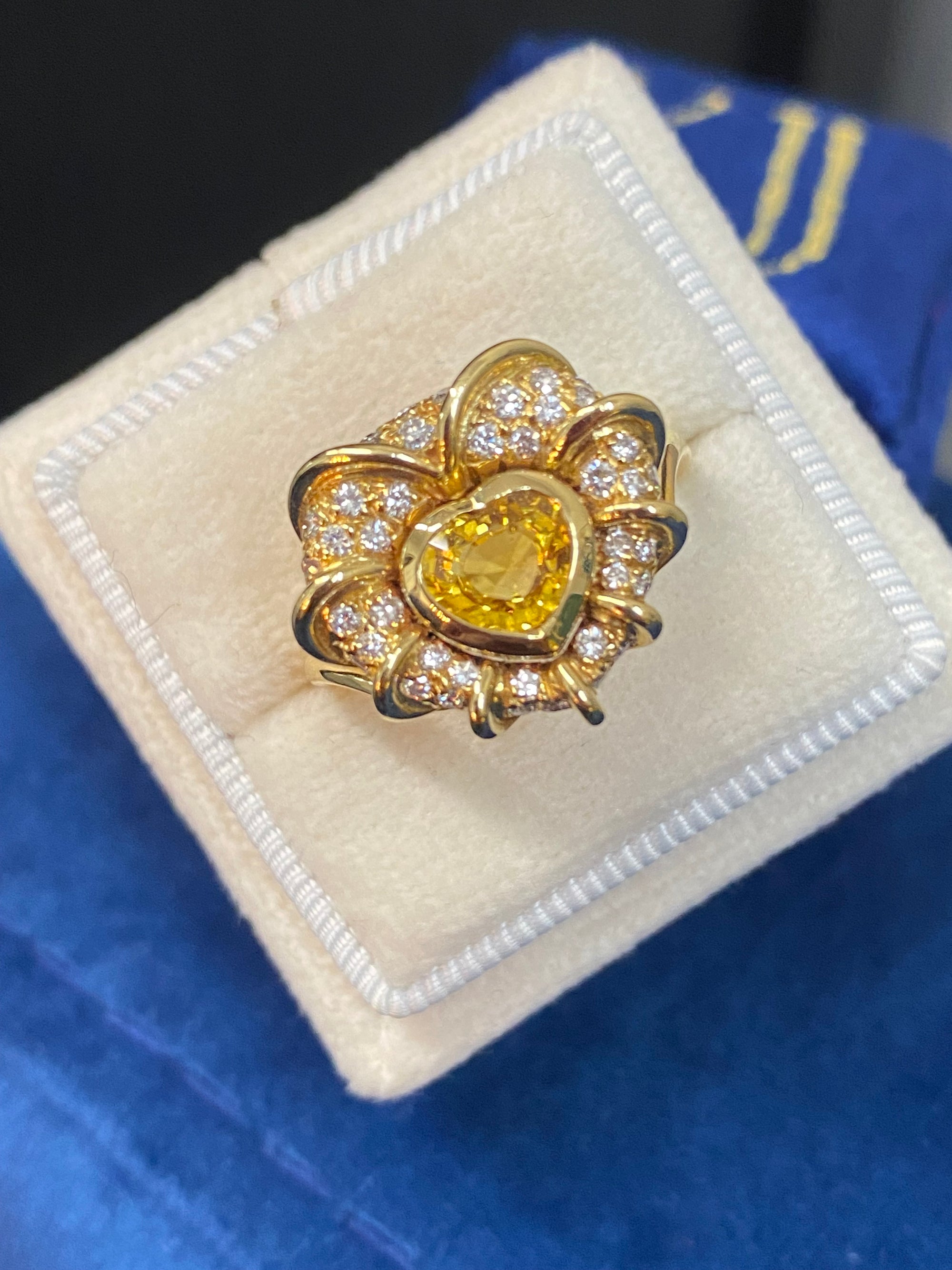 Vintage Yellow Sapphire and Natural Diamond Halo Ring in 18ct Yellow Gold