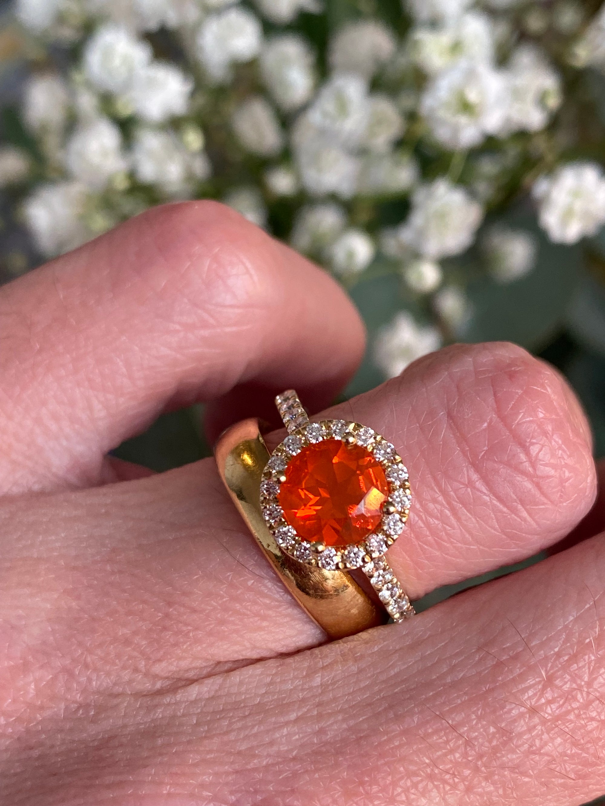 1.37 CTW Fire Opal and Natural Diamond Halo Ring in 18ct Yellow Gold